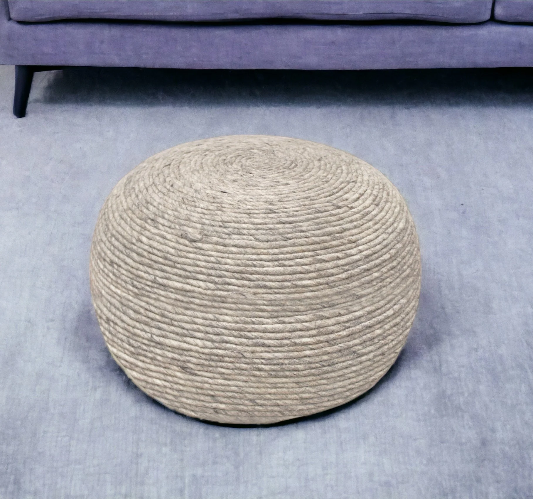 Gray Wool Round Ribbed Pouf Ottoman By Homeroots