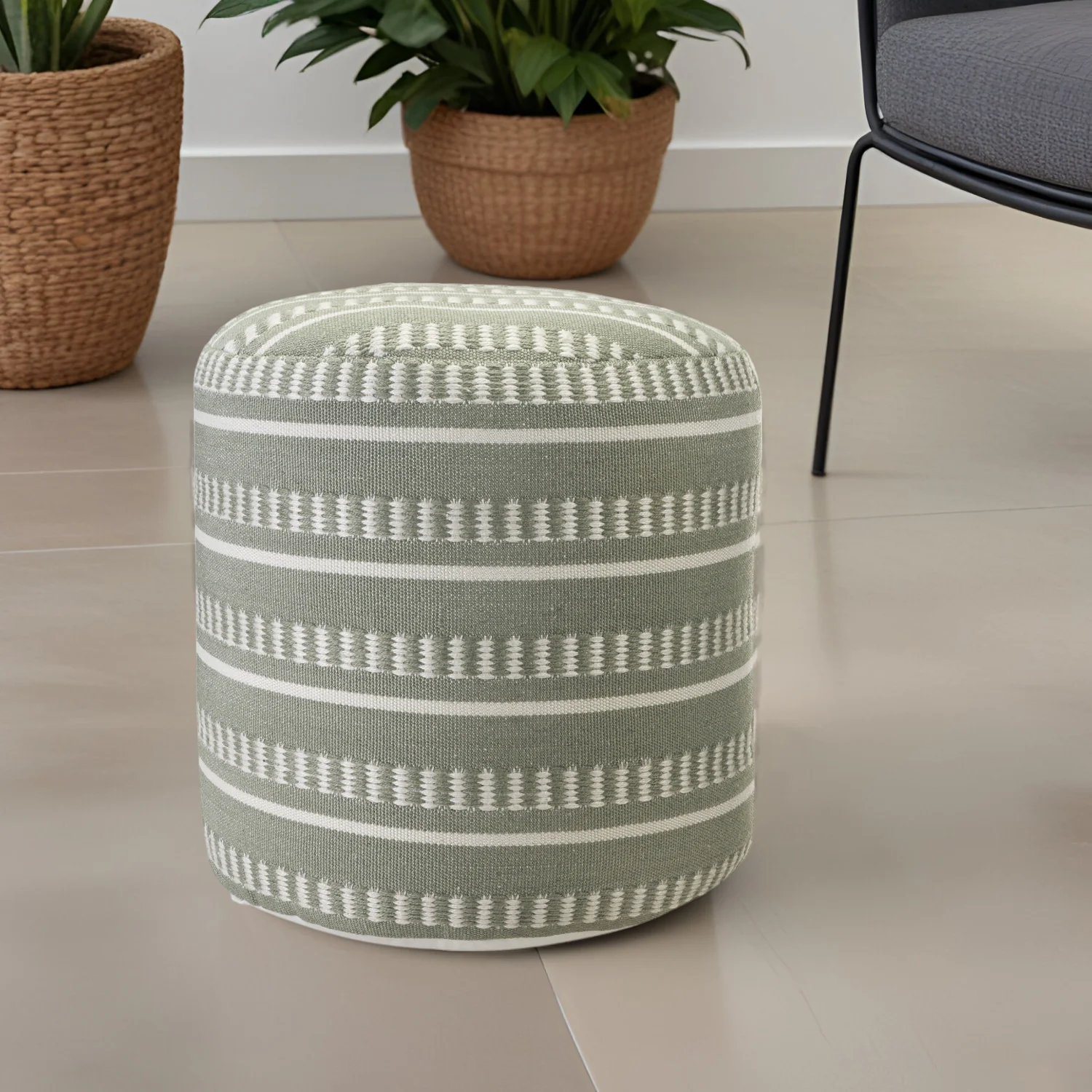 Green Polyester Round Striped Indoor Outdoor Pouf Ottoman By Homeroots