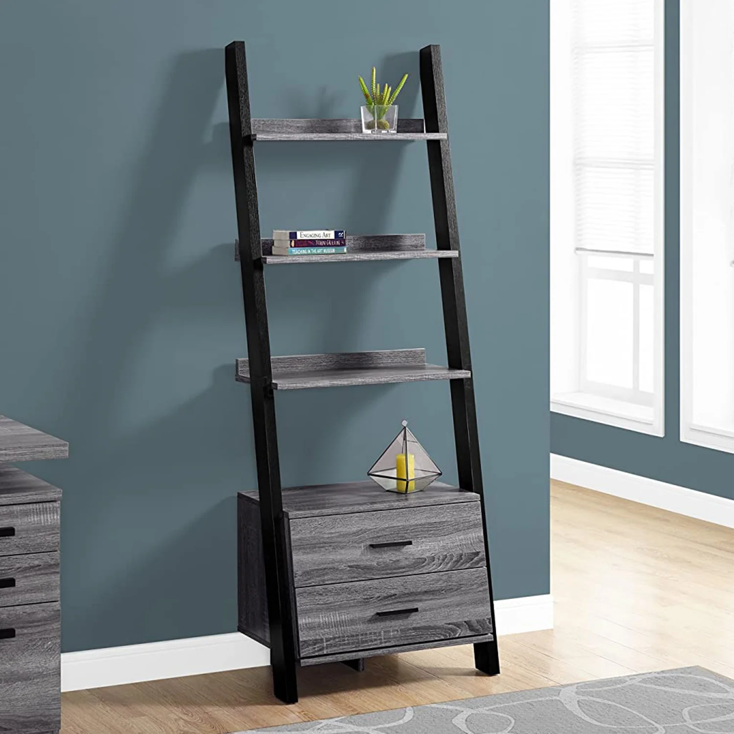 Grey Black Particle Board Hollow Core Bookcase with Storage Drawers By Homeroots