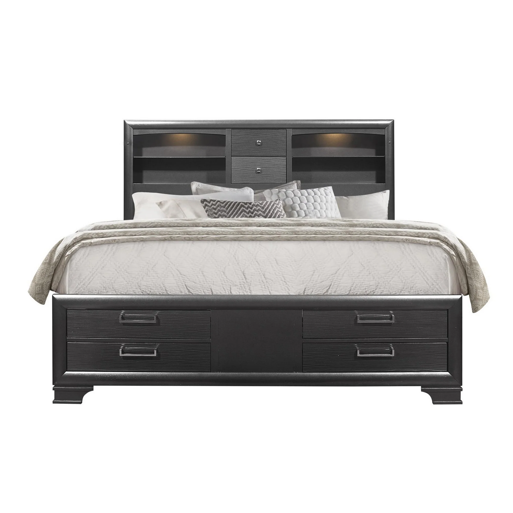 Grey Rubberwood Bed With Bookshelves Headboard Led Lightning 6 Drawers By Homeroots - 383797 - Image 2