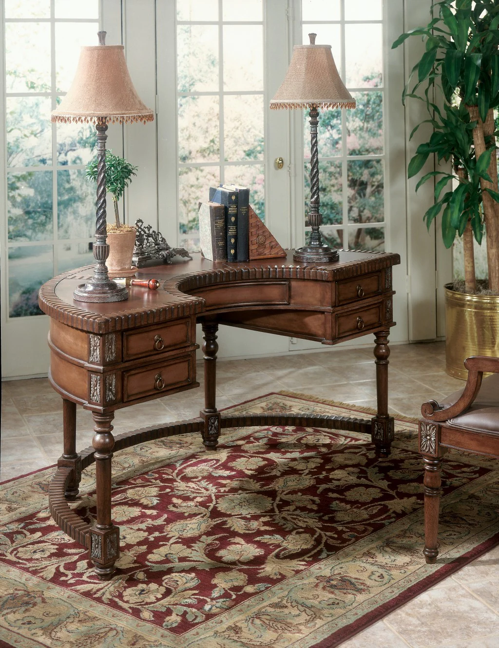 Hand Carved Leather Top Crescent Shape Desk By Homeroots