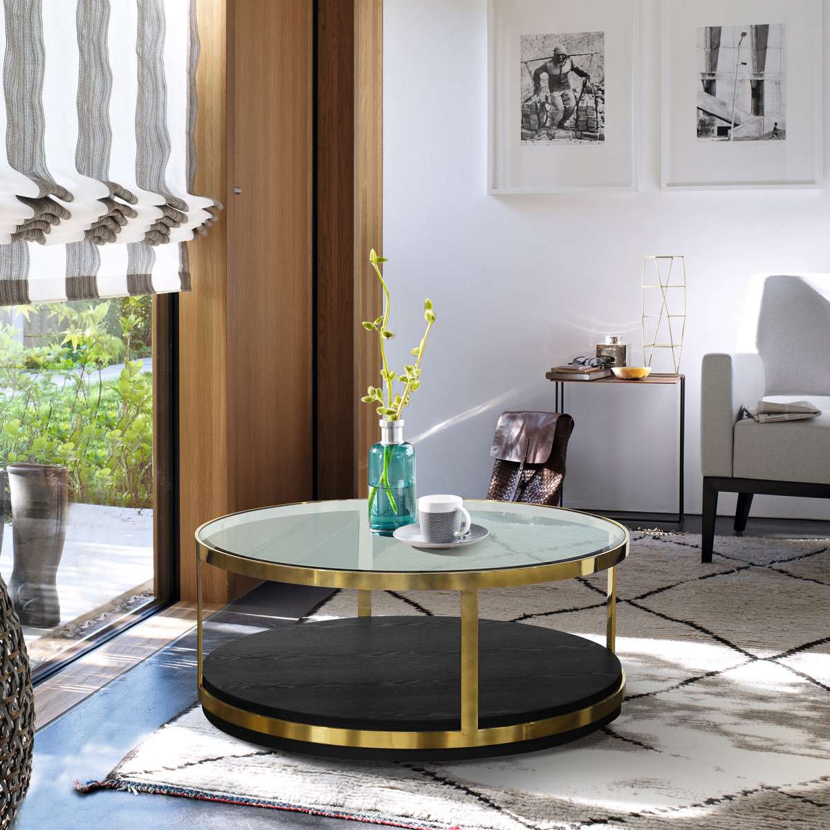 Hattie Contemporary Coffee Table in Brushed Gold Finish and Black Wood By Armen Living