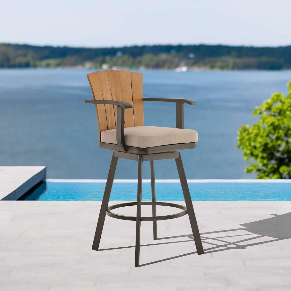 Hazel Outdoor Patio Swivel Bar Stool in Aluminum with Teak Wood and Brown Cushion By Armen Living