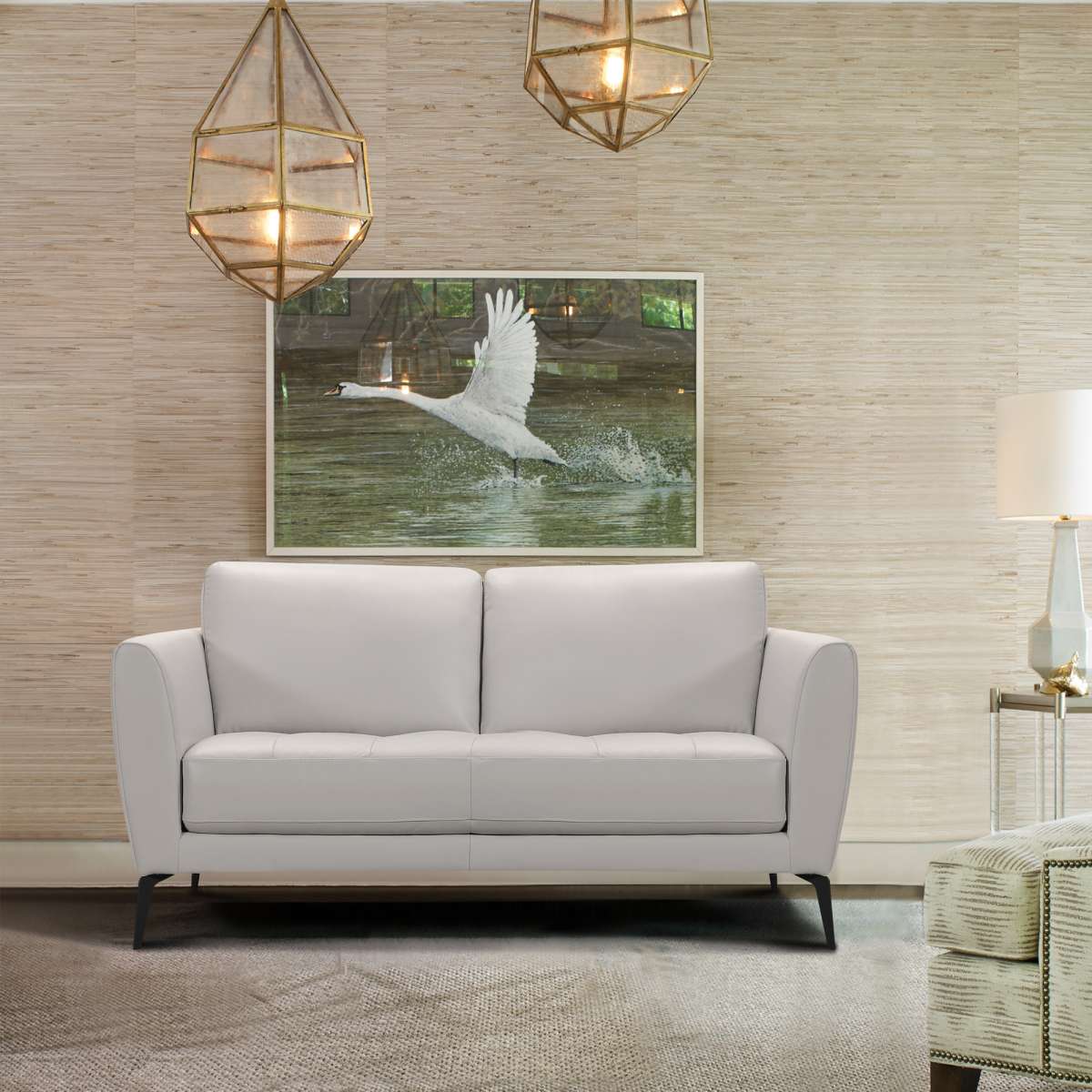 Hope Contemporary Loveseat in Genuine Dove Gray Leather with Black Metal Legs By Armen Living
