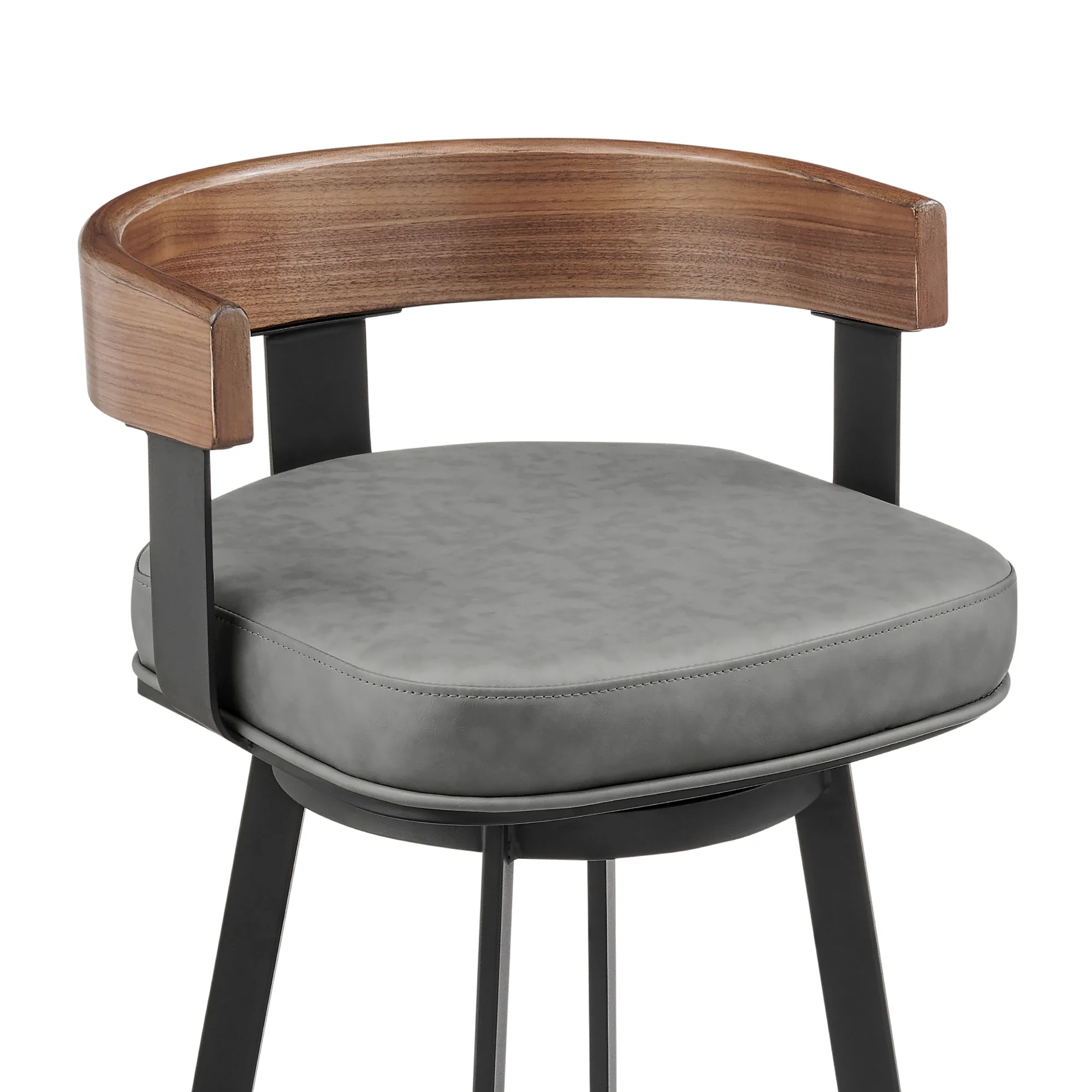 Idris 26" Swivel Counter Stool in Black Iron with Walnut Finish and Vintage Gray Faux Leather By Armen Living - Image 5