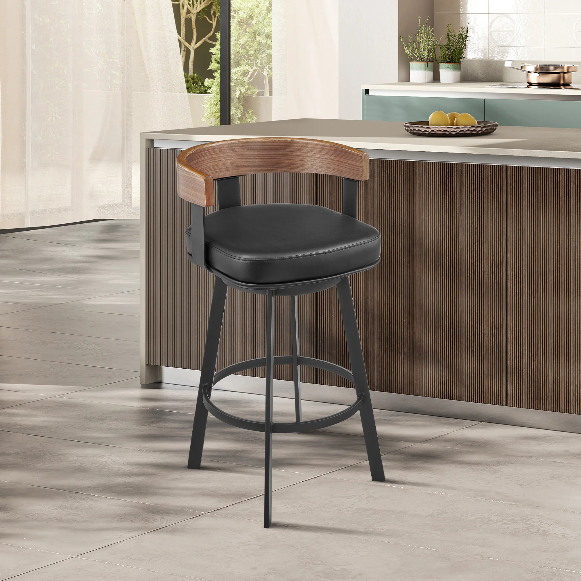 Idris 30" Swivel Bar Stool in Black Iron with Walnut Finish and Vintage Black Faux Leather By Armen Living