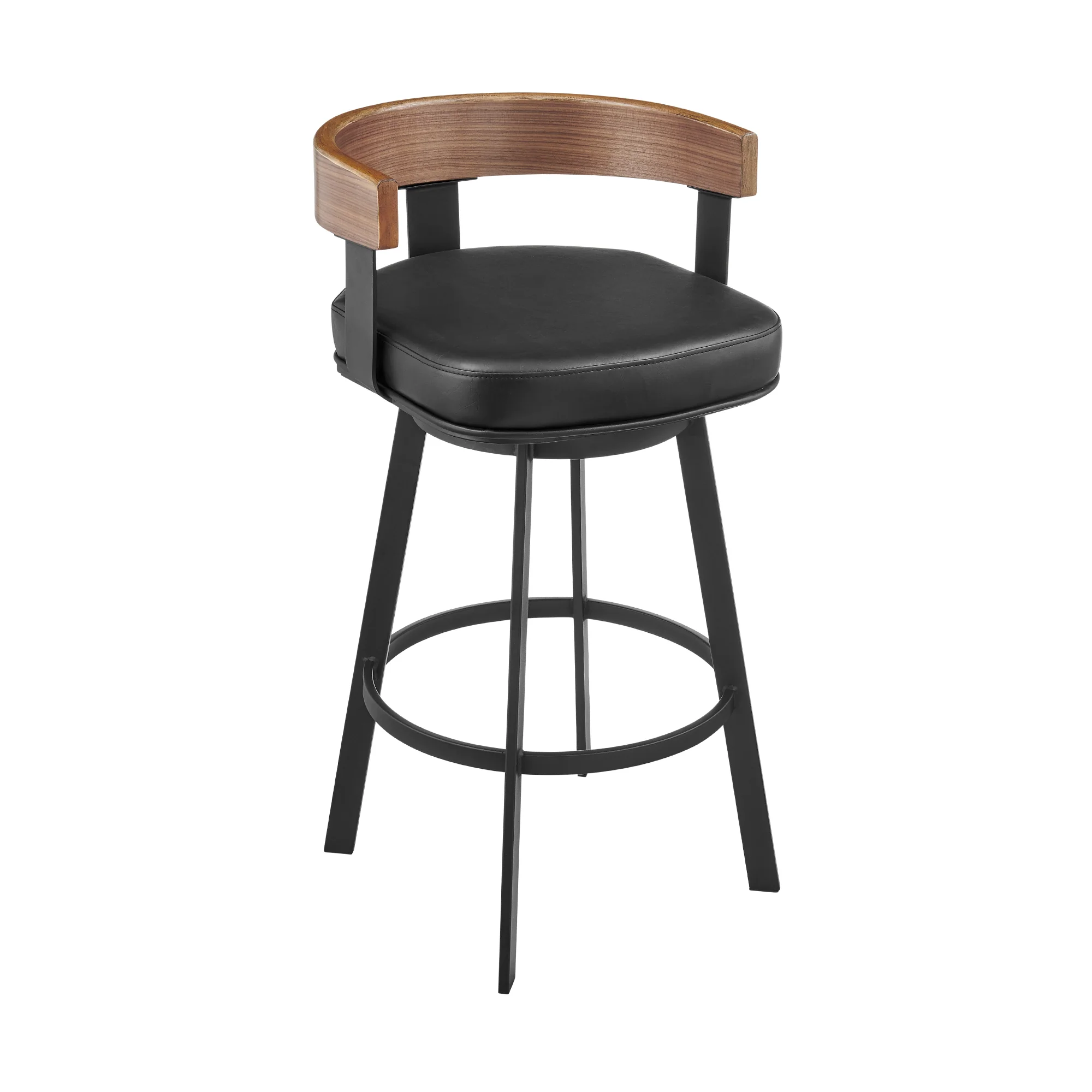 Idris 30" Swivel Bar Stool in Black Iron with Walnut Finish and Vintage Black Faux Leather By Armen Living - Image 2