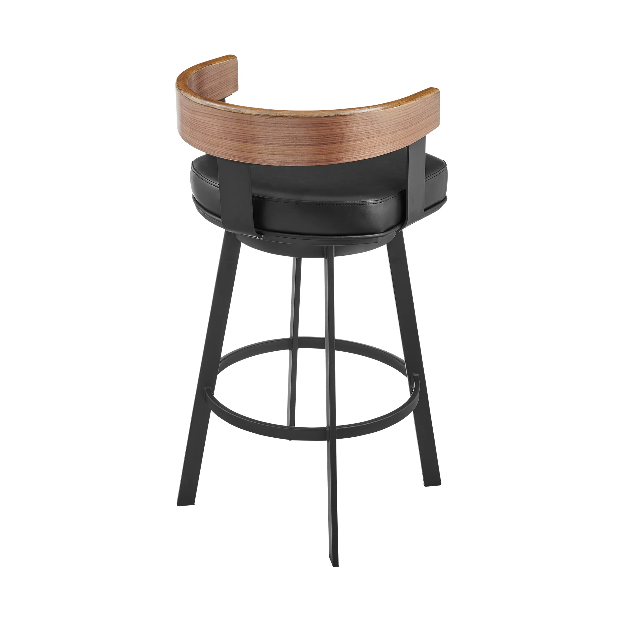 Idris 30" Swivel Bar Stool in Black Iron with Walnut Finish and Vintage Black Faux Leather By Armen Living - Image 4