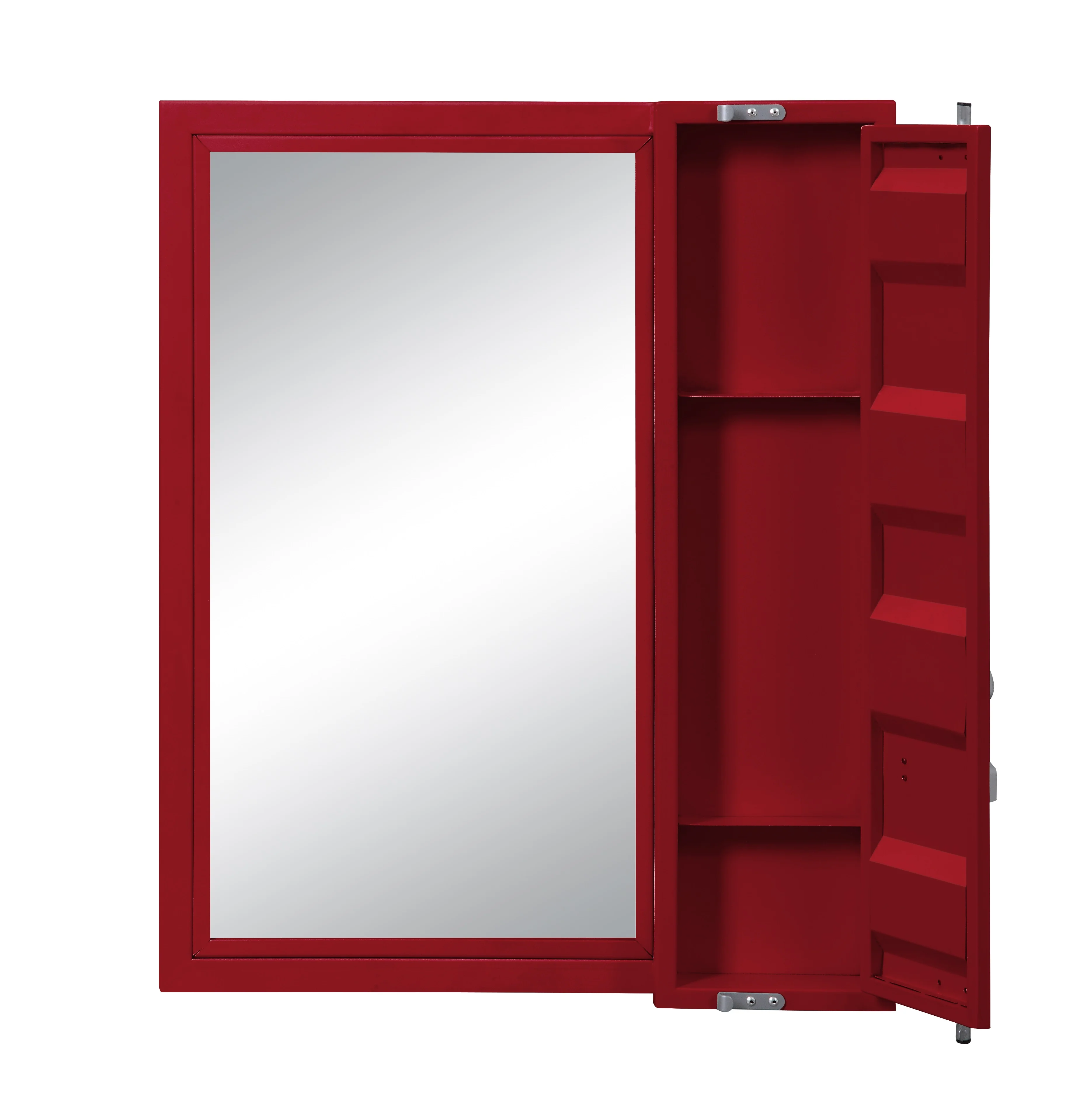 Industrial Style Metal Vanity Mirror with Recessed Door Storage, Red By Benzara
