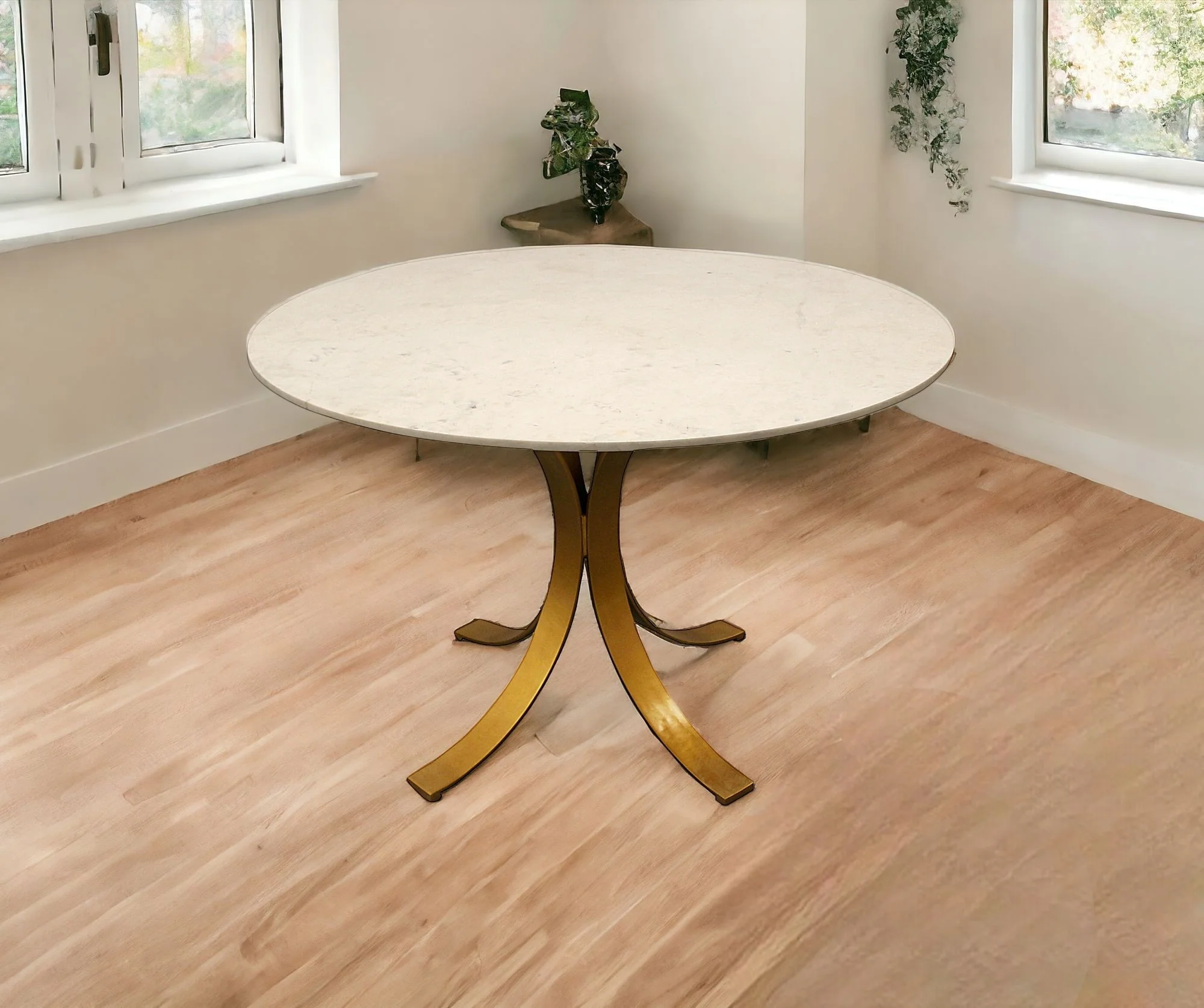 Ivory And Brass Rounded Marble And Iron Pedestal Base Dining Table By Homeroots