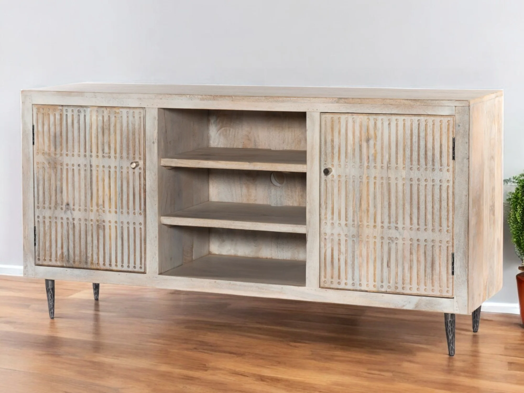 Ivory Carved Geometric Distressed Solid Wood Enclosed and Open Storage TV Stand By Homeroots