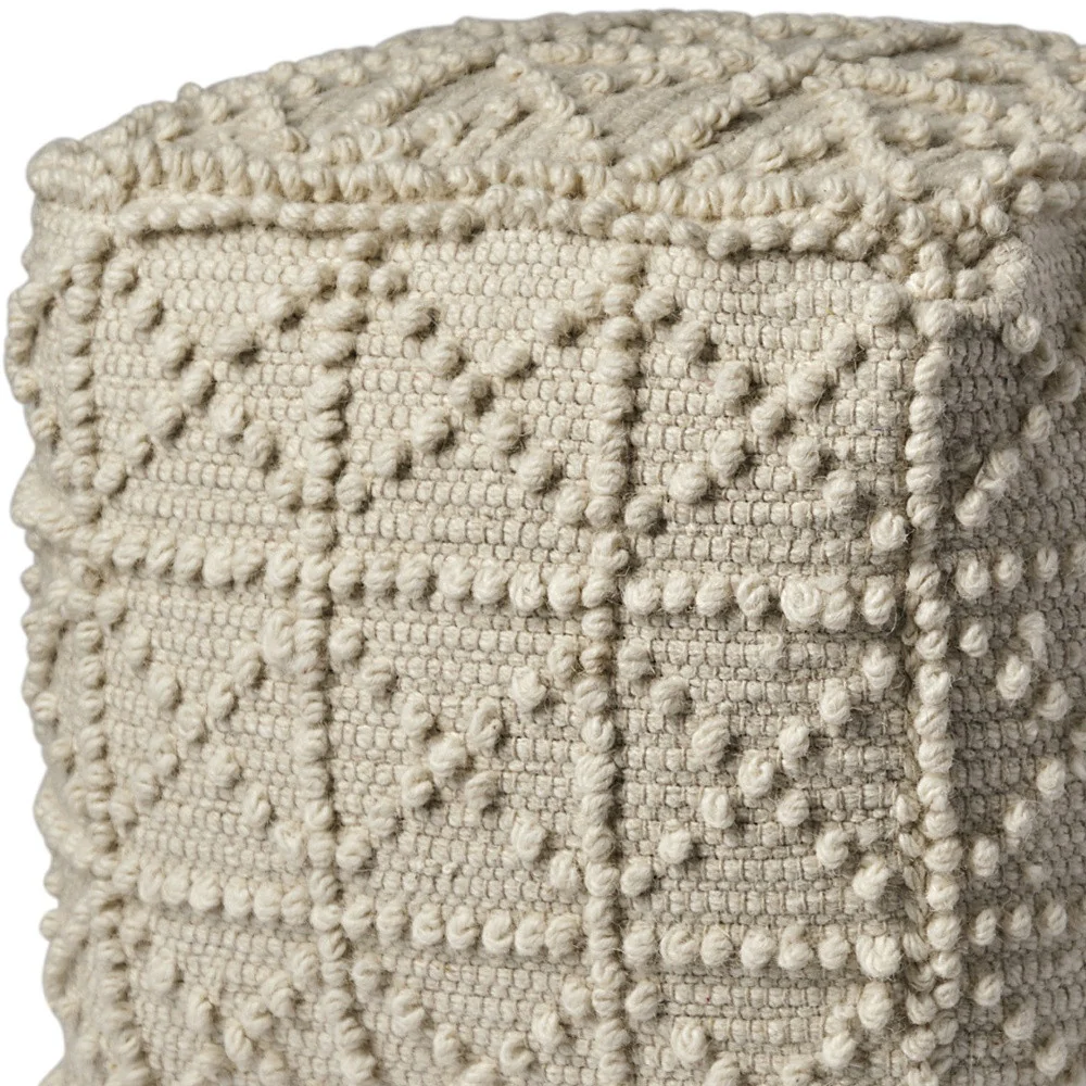 Ivory Wool Geometric Cube Ottoman By Homeroots - Image 6