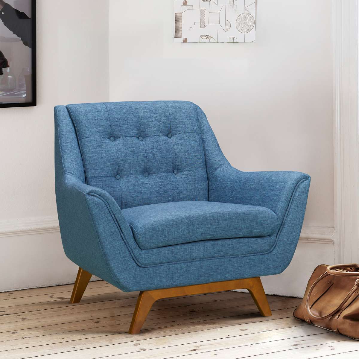 Janson Mid-Century Sofa Chair in Champagne Wood Finish and Blue Fabric By Armen Living