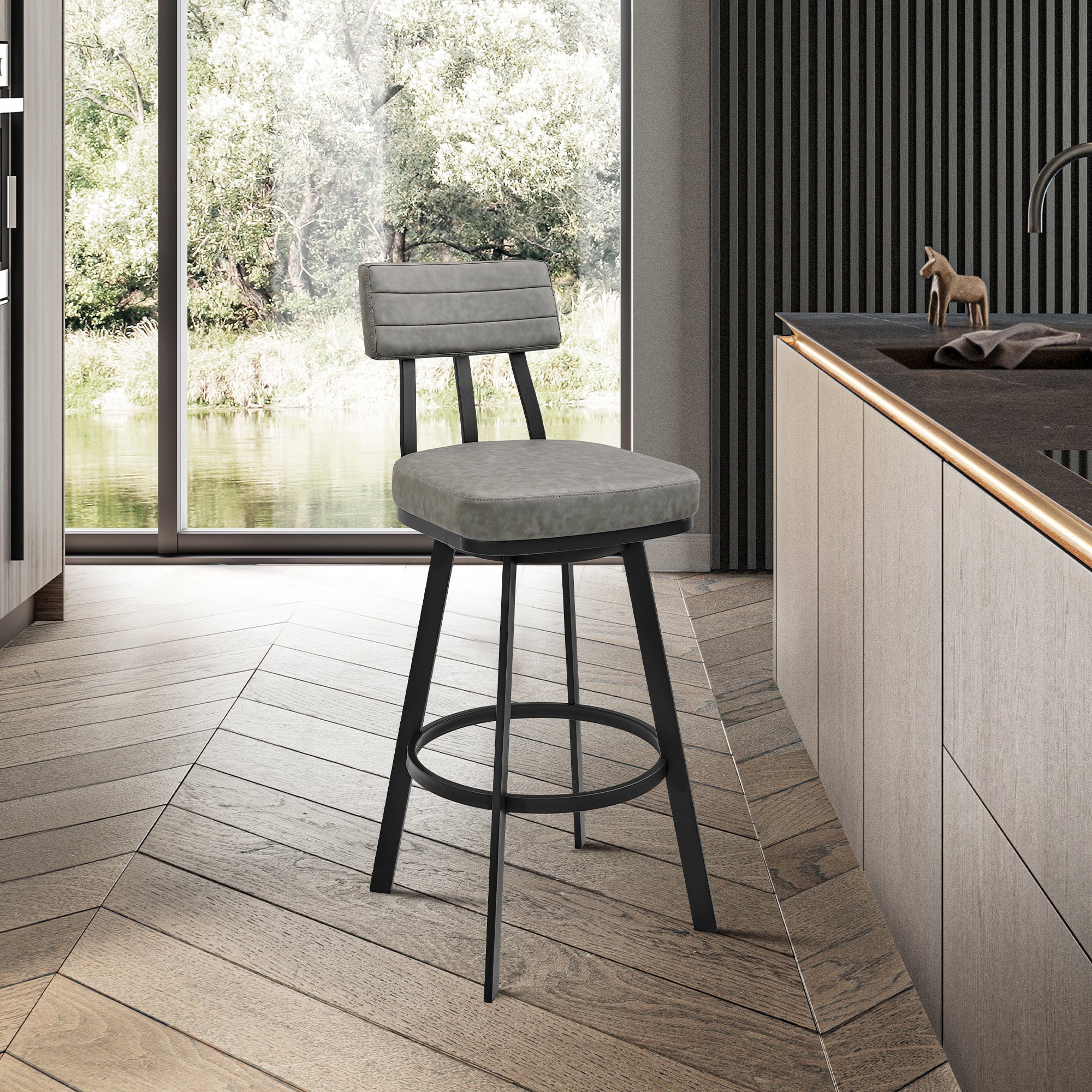 Jinab Swivel Bar Stool in Black Metal with Grey Faux Leather By Armen Living