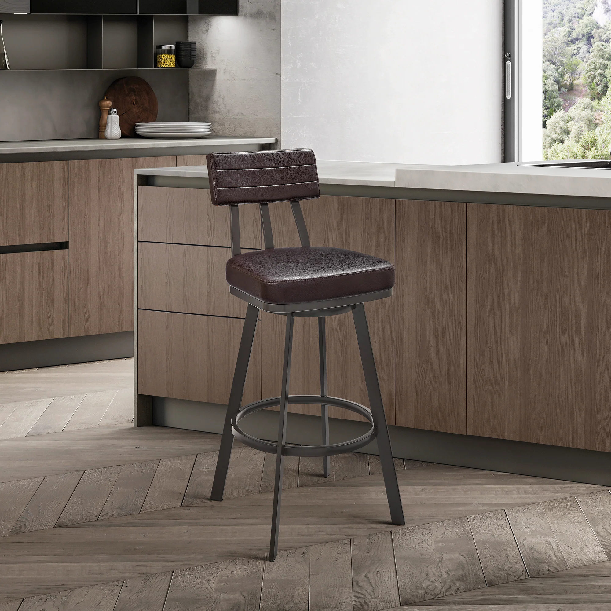 Jinab Swivel Counter Stool in Brown Metal with Brown Faux Leather By Armen Living