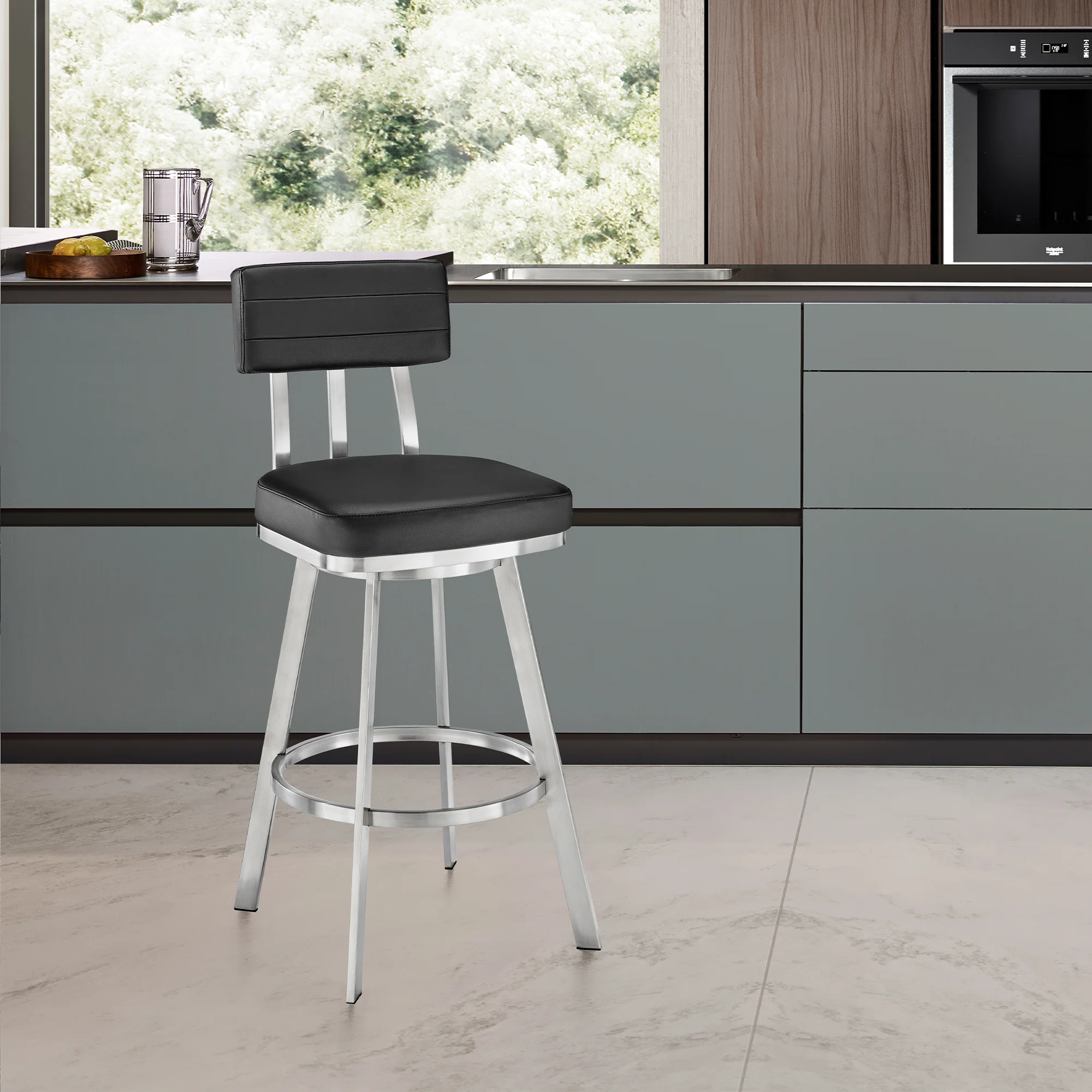 Jinab Swivel Counter Stool in Brushed Stainless Steel with Black Faux Leather By Armen Living