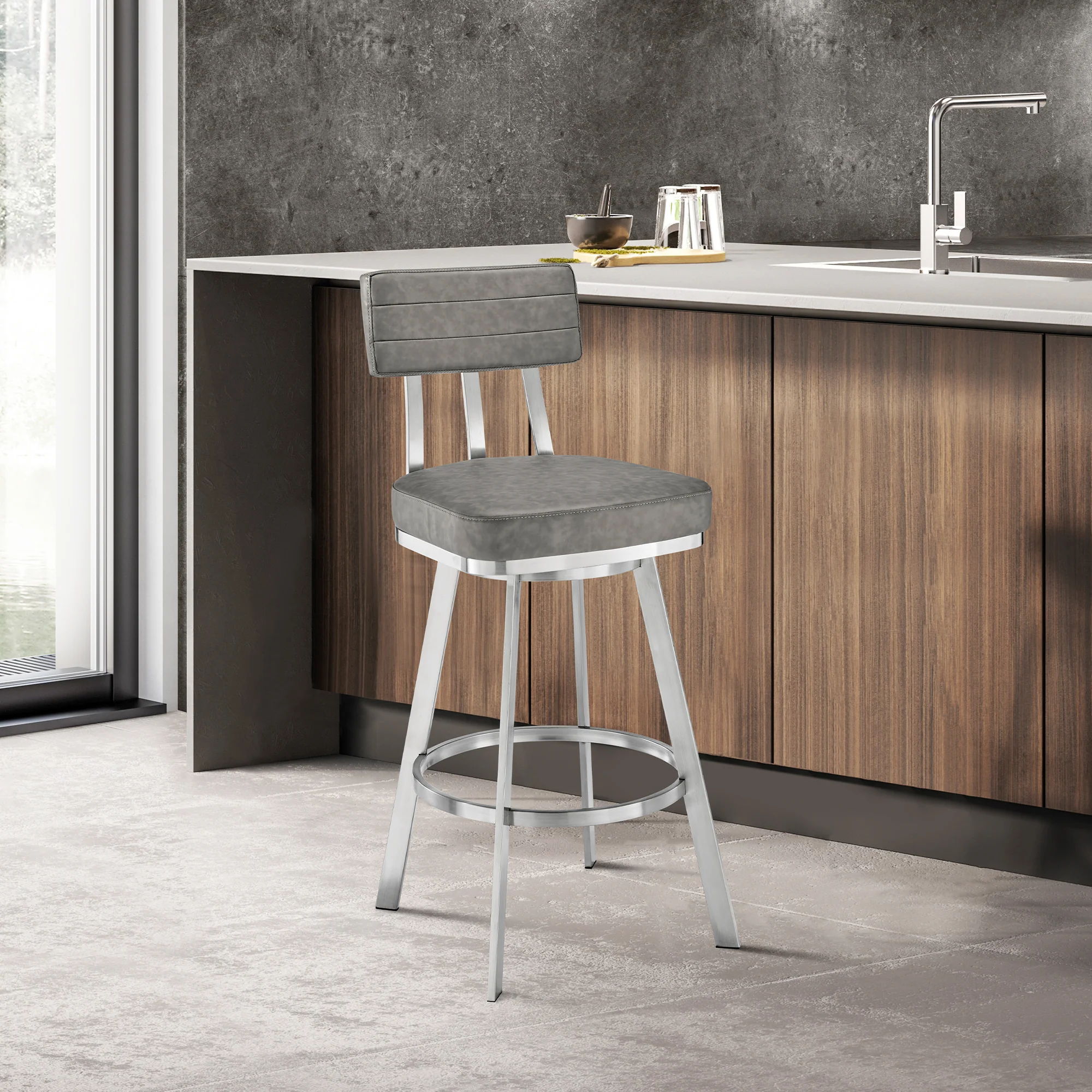 Jinab Swivel Counter Stool in Brushed Stainless Steel with Grey Faux Leather By Armen Living