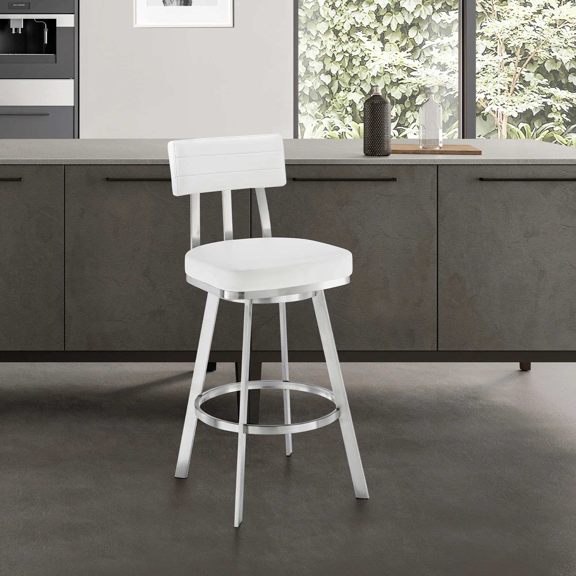 Jinab Swivel Counter Stool in Brushed Stainless Steel with White Faux Leather By Armen Living