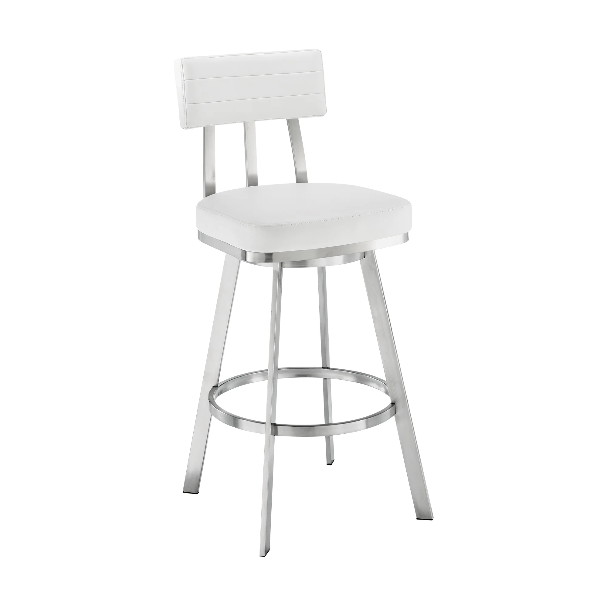Jinab Swivel Counter Stool in Brushed Stainless Steel with White Faux Leather By Armen Living - Image 2