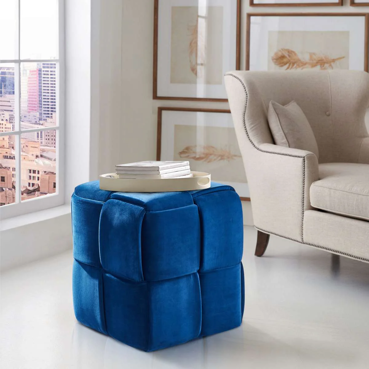 Joy Contemporary Short Ottoman in Blue Velvet By Armen Living