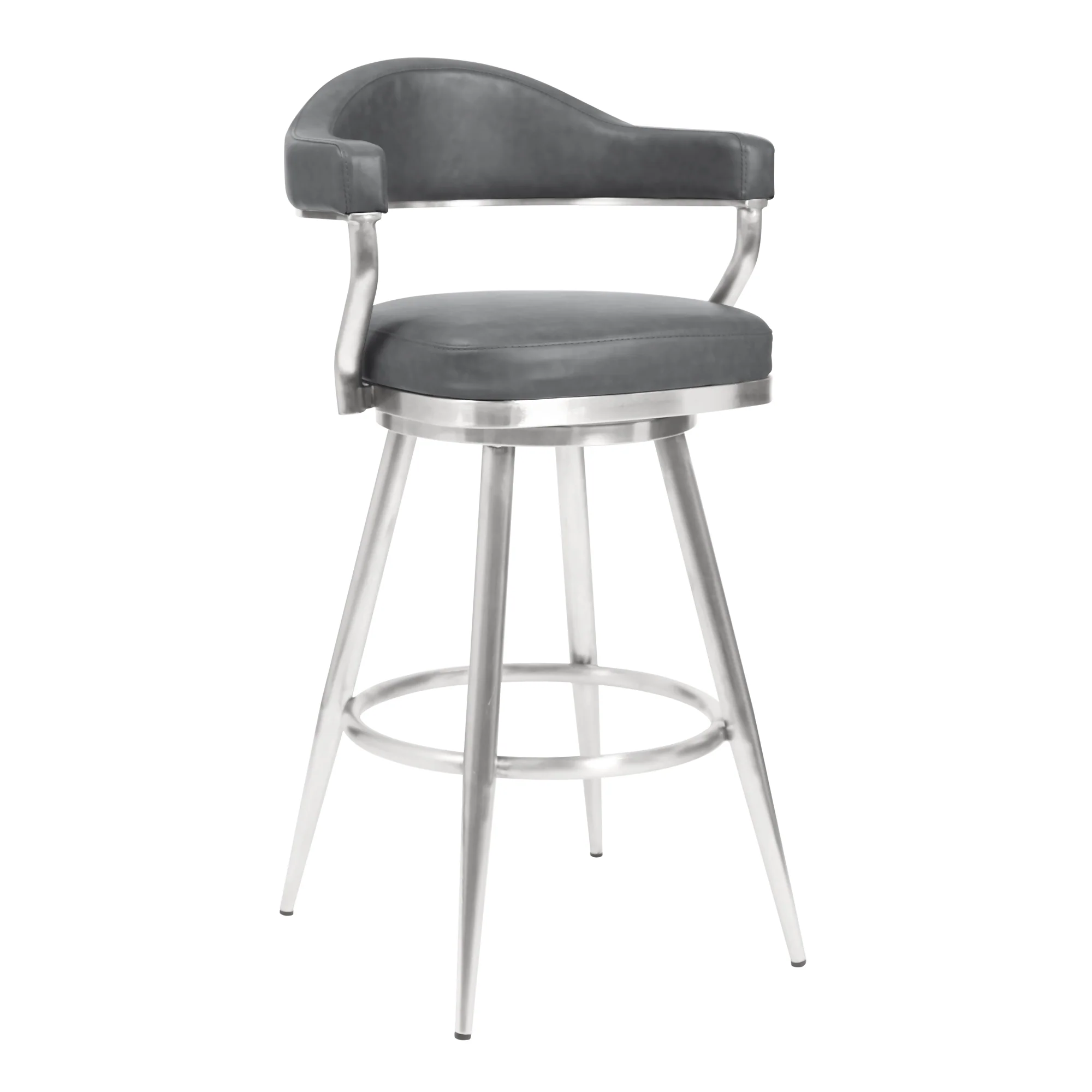 Justin 26" Counter Height Swivel Vintage Gray Faux Leather Bar Stool with Brushed Stainless Steel Legs By Armen Living - Image 2