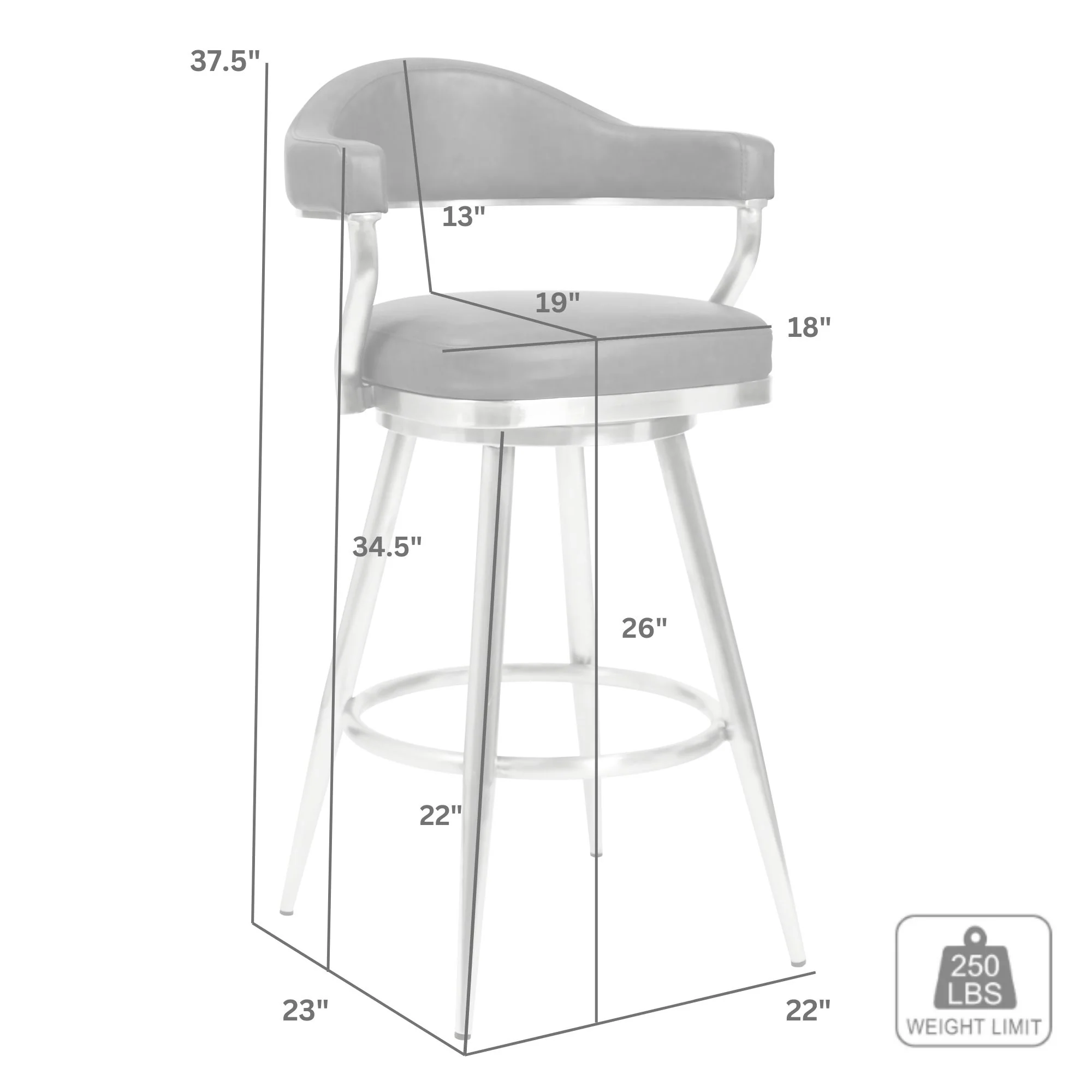 Justin 26" Counter Height Swivel Vintage Gray Faux Leather Bar Stool with Brushed Stainless Steel Legs By Armen Living - Image 7