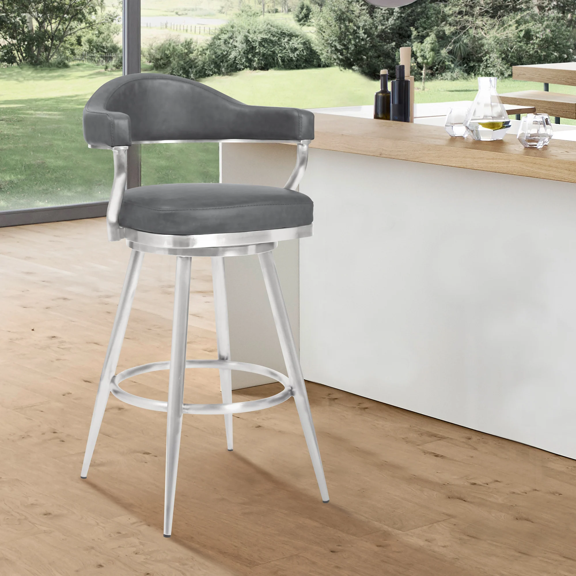 Justin 30" Bar Height Swivel Vintage Gray Faux Leather Bar Stool with Brushed Stainless Steel Legs By Armen Living