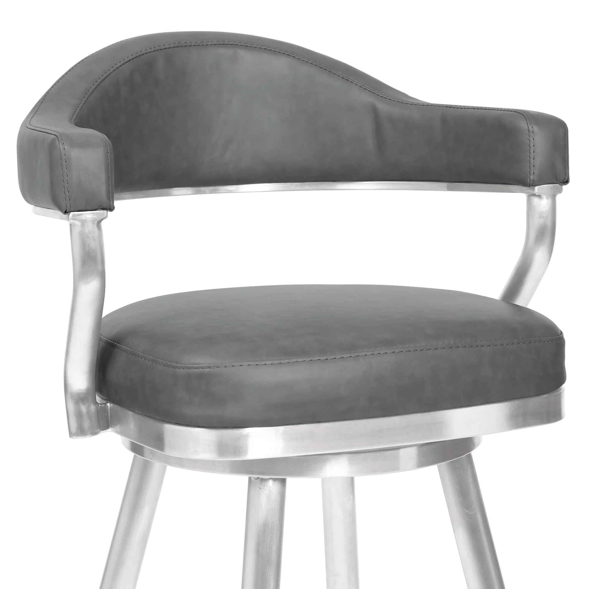 Justin 30" Bar Height Swivel Vintage Gray Faux Leather Bar Stool with Brushed Stainless Steel Legs By Armen Living - Image 4