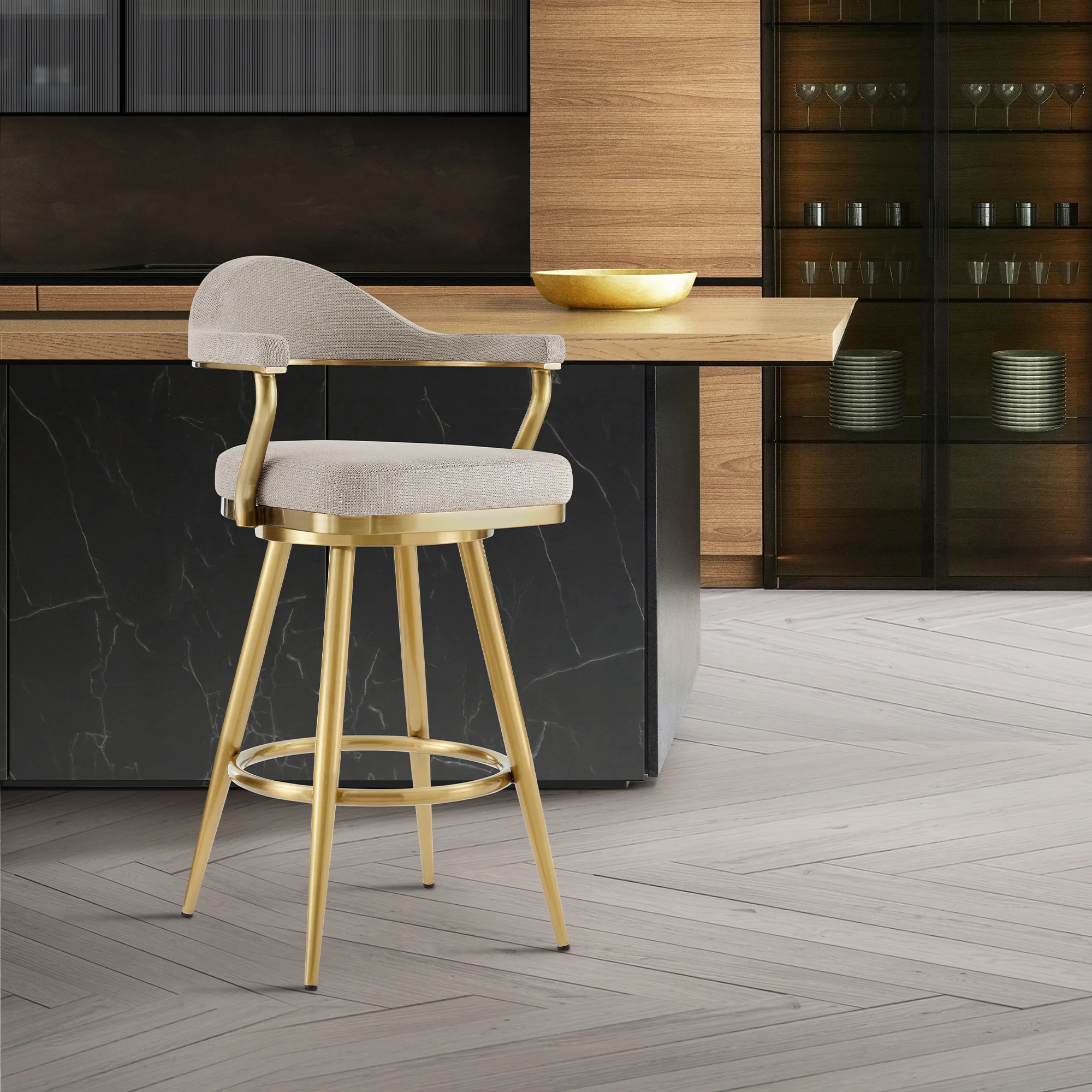 Justin 30" Swivel Bar Stool with Gold Brushed Stainless Steel and Taupe Fabric By Armen Living