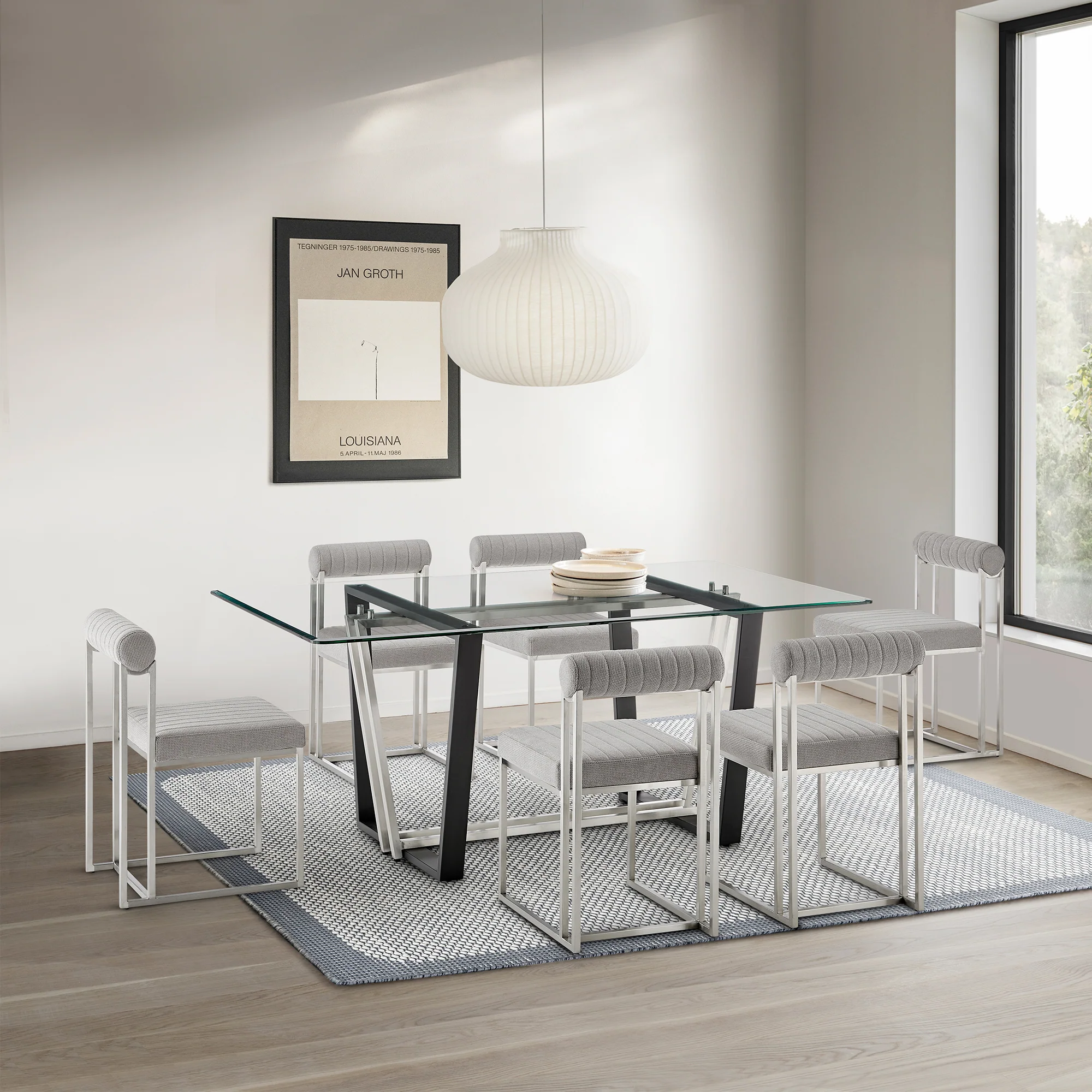 Kai 72" Rectangular Dining Table in Black Iron and Brushed Stainless Steel Base with Glass Tabletop By Armen Living - Image 2