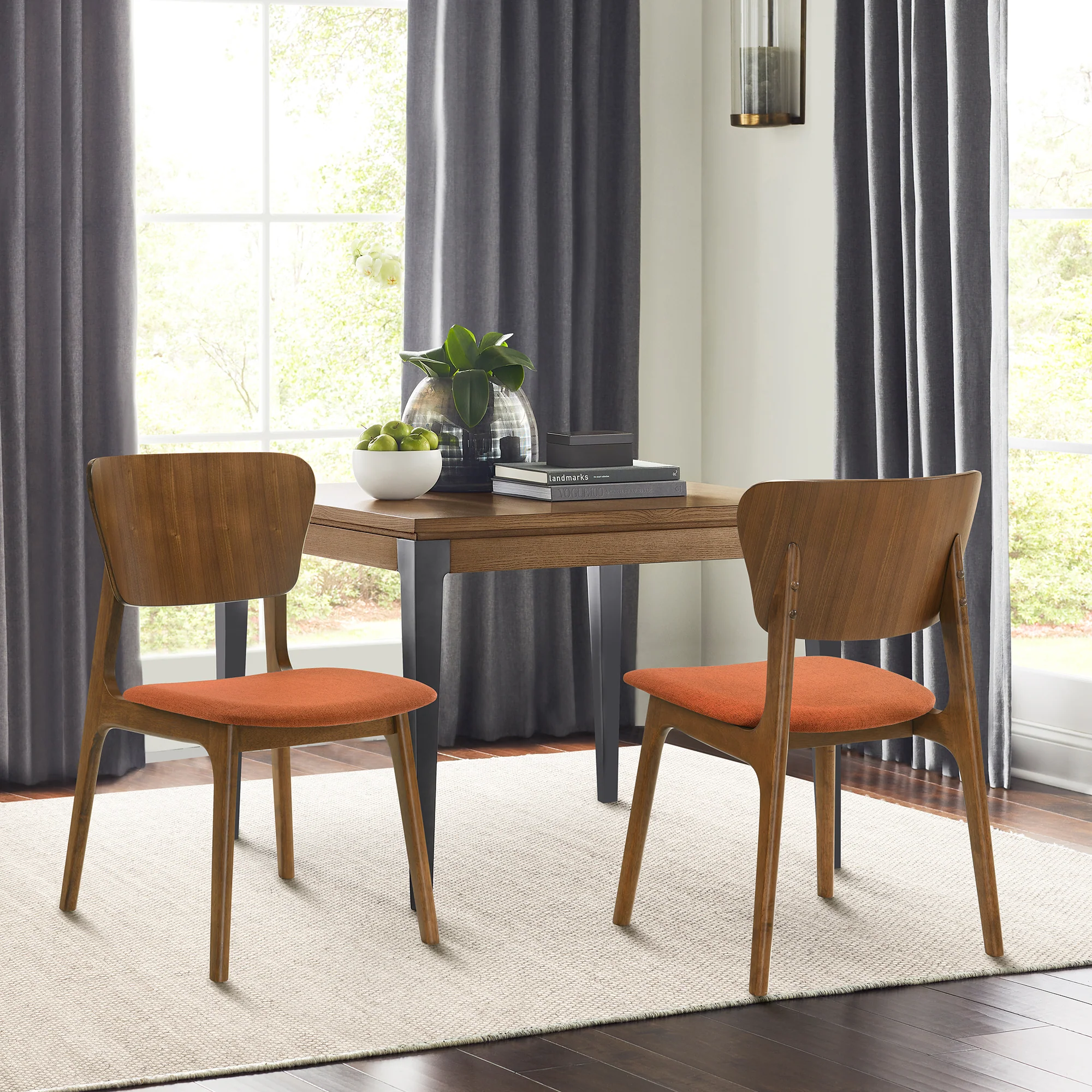 Kalia Wood Dining Chair in Walnut Finish with Orange Fabric - Set of 2 By Armen Living