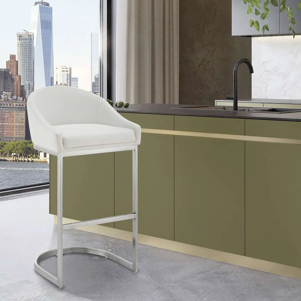 Katherine 26" Counter Stool in Brushed Stainless Steel with White Faux Leather By Armen Living