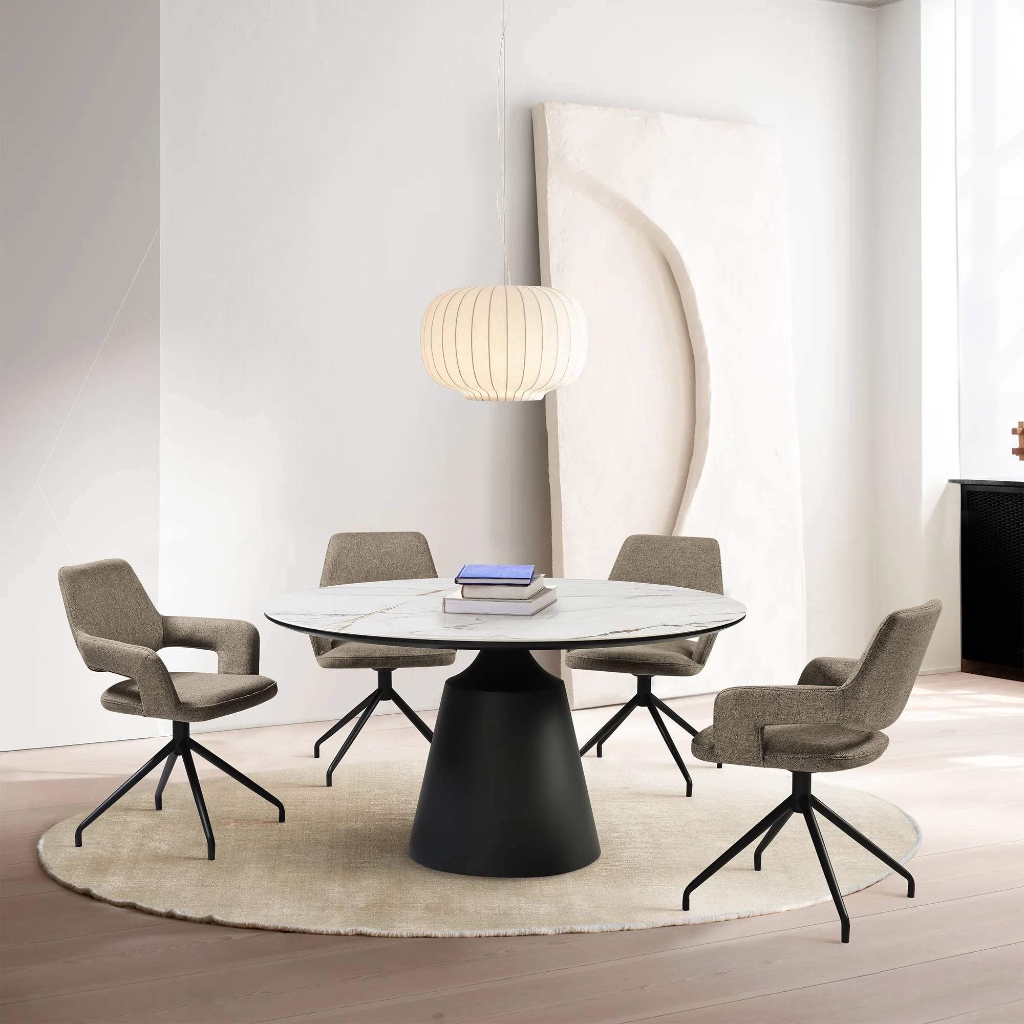 Knox Penny 5 Piece Dining Set with Stone Top and Brown Fabric Chairs By Armen Living