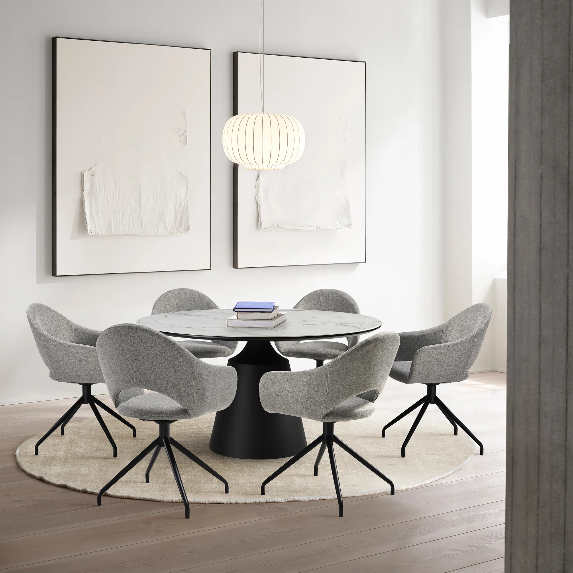 Knox Pria 7 Piece Dining Set with Stone Top and Gray Fabric Chairs By Armen Living