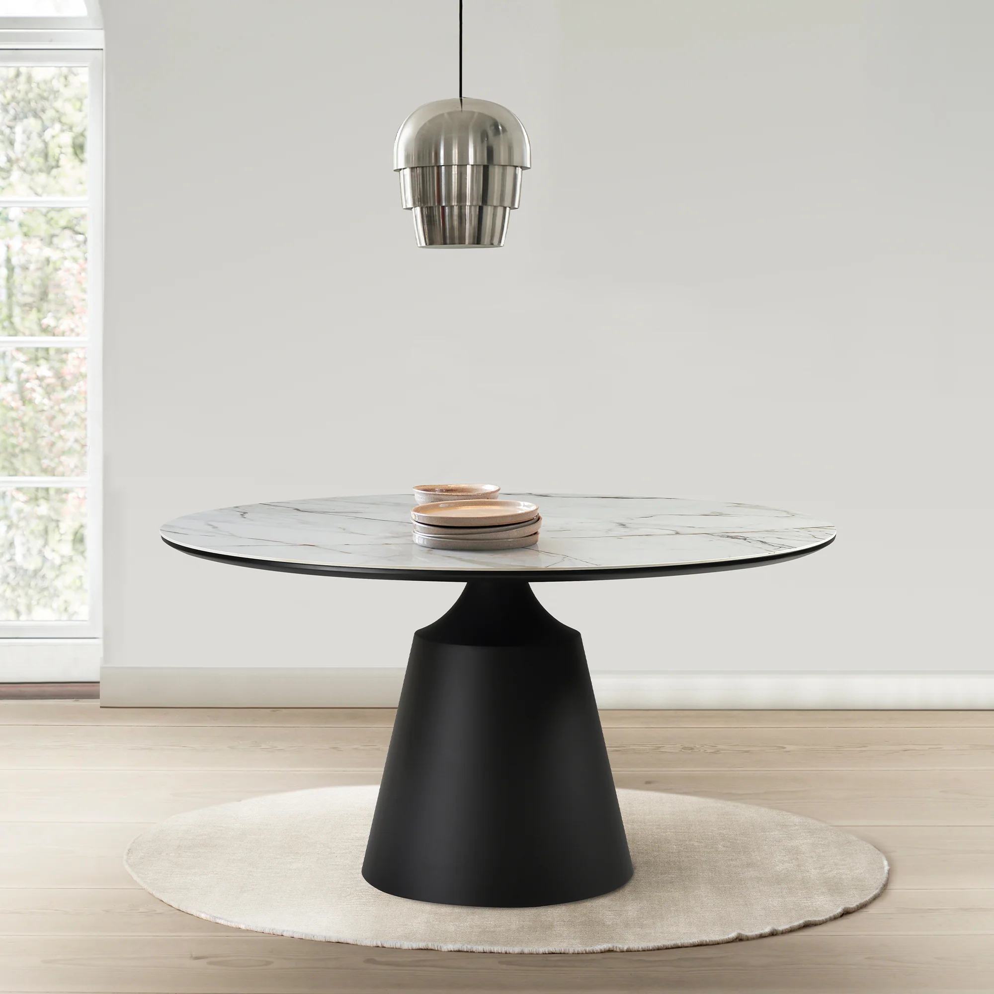 Knox Round Dining Table with Stone Top and Black Metal Base By Armen Living