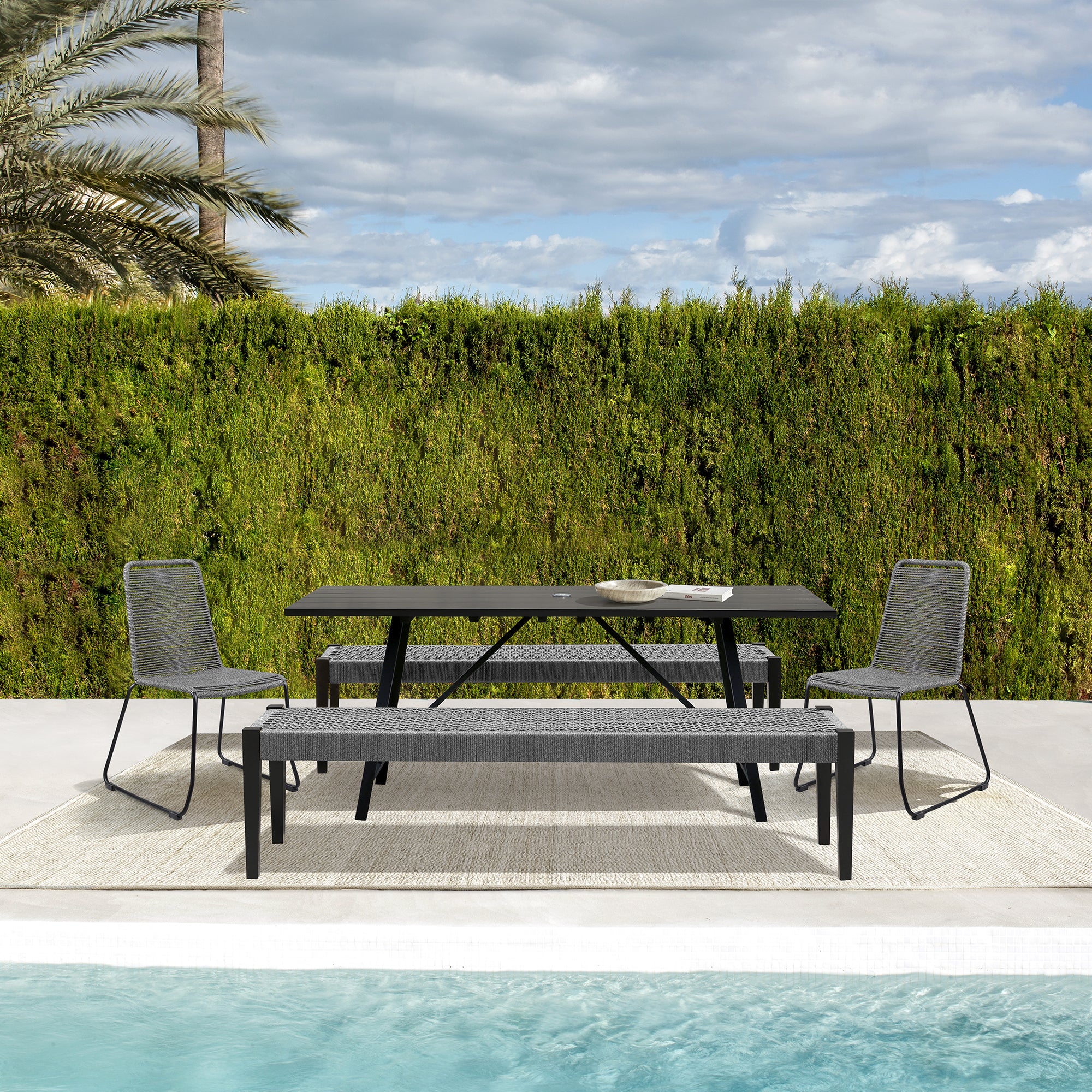 Koala Shasta and Camino 5 Piece Outdoor Dining Set in Dark Eucalyptus Wood with Grey Rope By Armen Living
