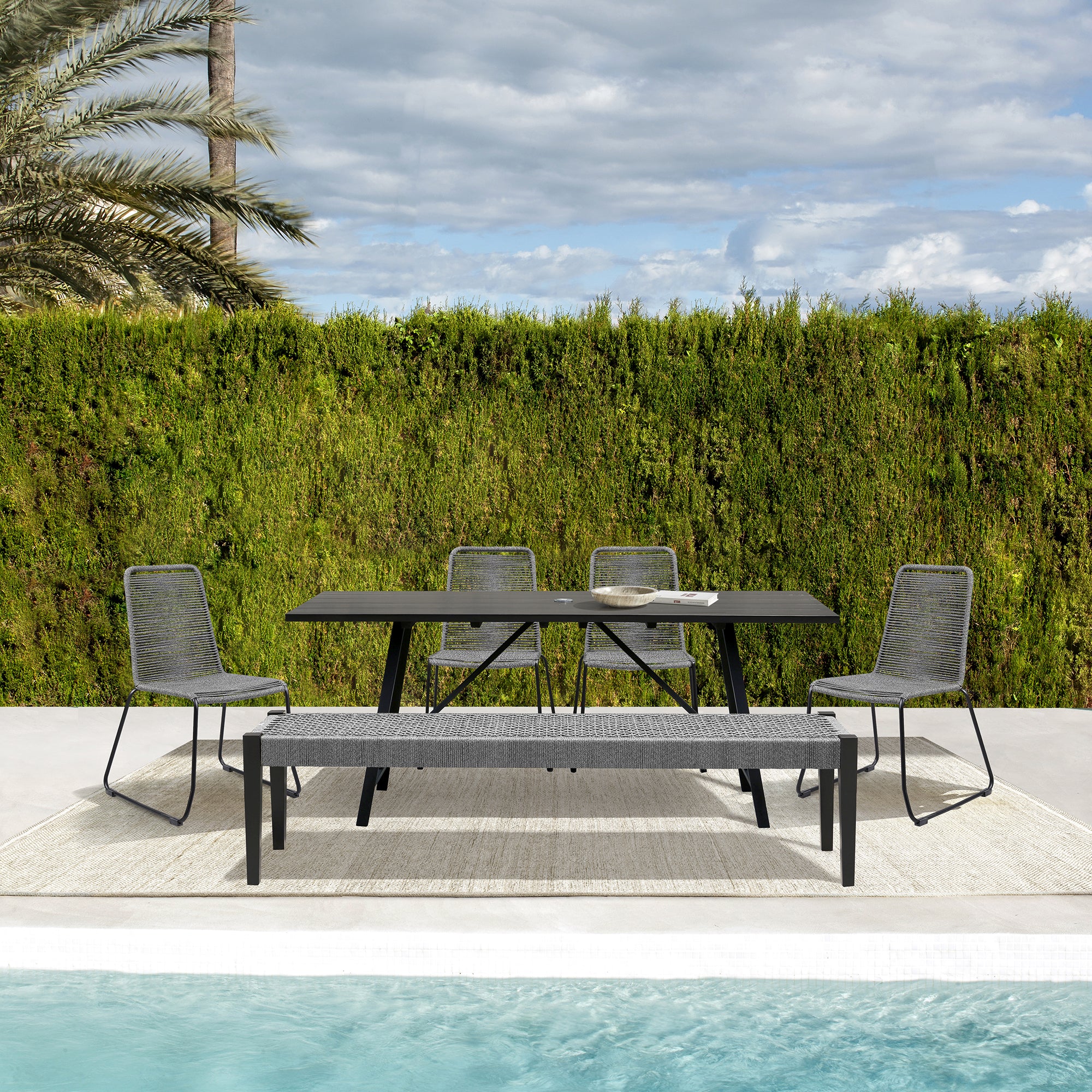 Koala Shasta and Camino 6 Piece Outdoor Dining Set in Dark Eucalyptus Wood with Grey Rope By Armen Living