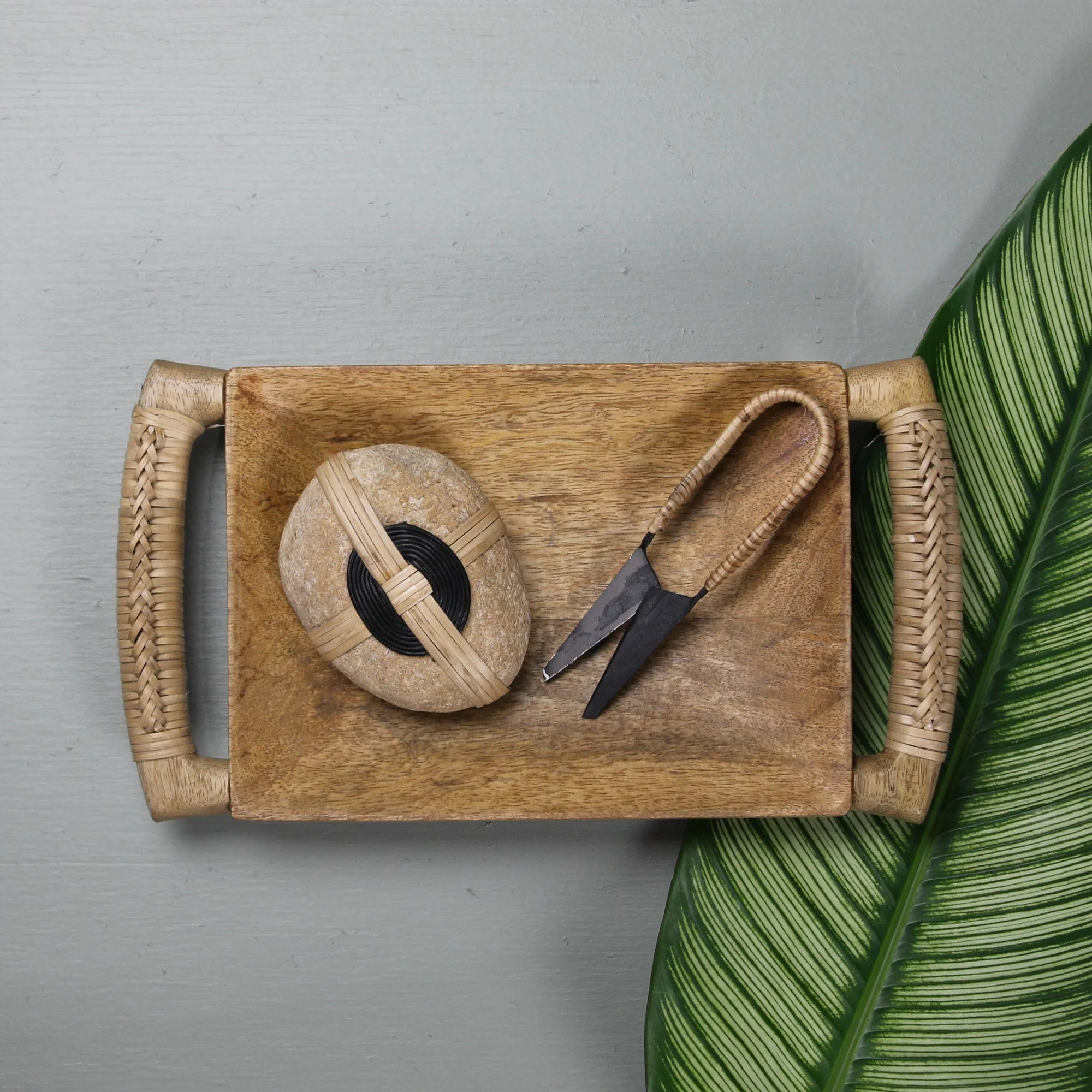 Kota Tray, Wood with Rattan Handles Set Of 2 By HomArt