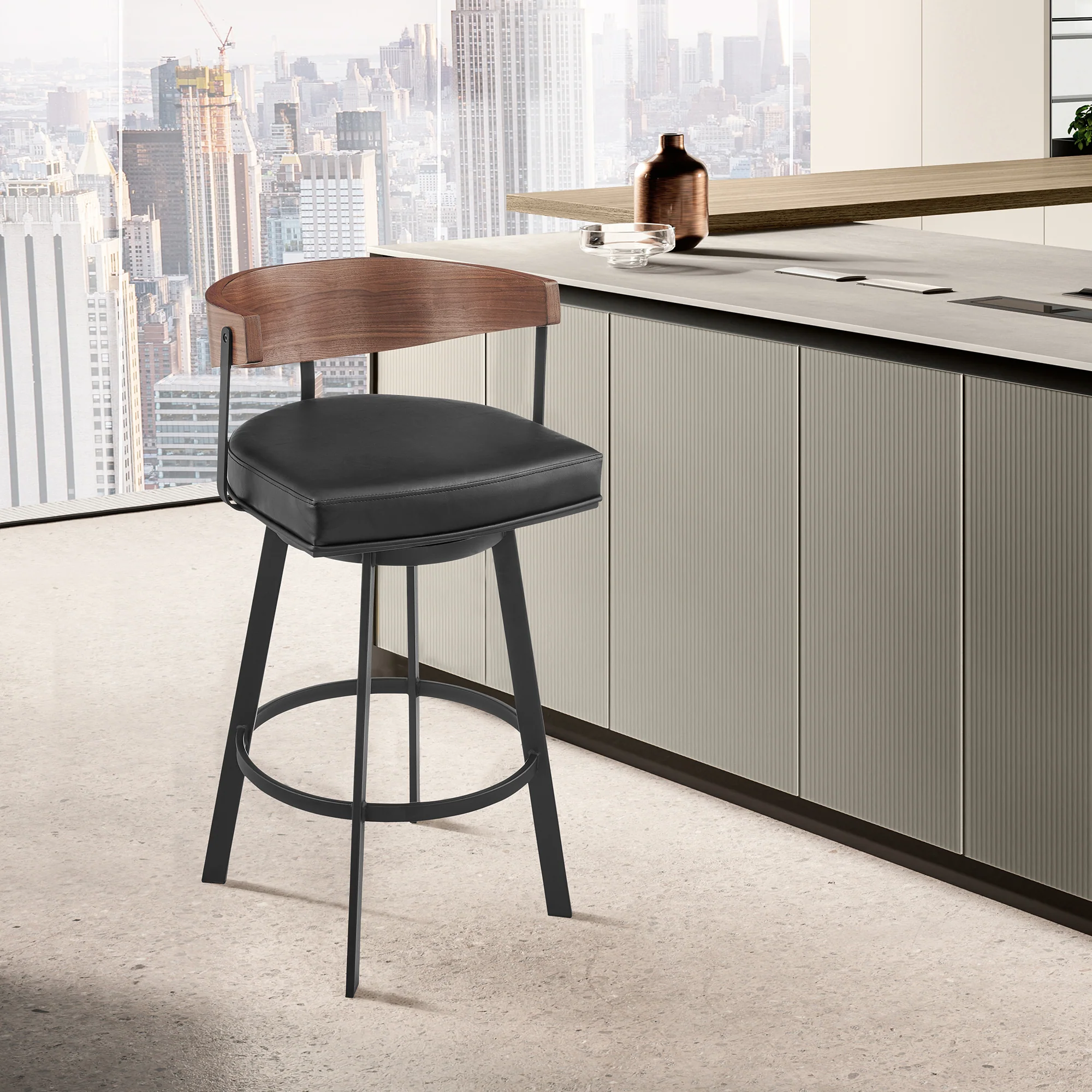 Lacey 26" Swivel Counter Stool in Black Iron with Walnut Finish and Vintage Black Faux Leather By Armen Living