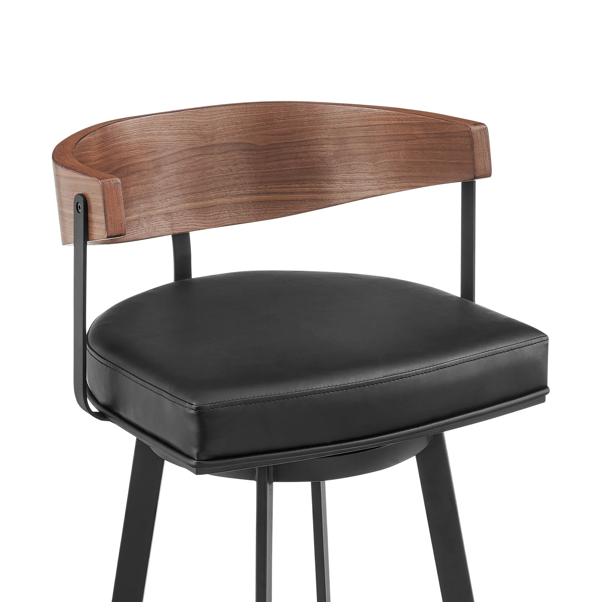 Lacey 26" Swivel Counter Stool in Black Iron with Walnut Finish and Vintage Black Faux Leather By Armen Living - Image 5