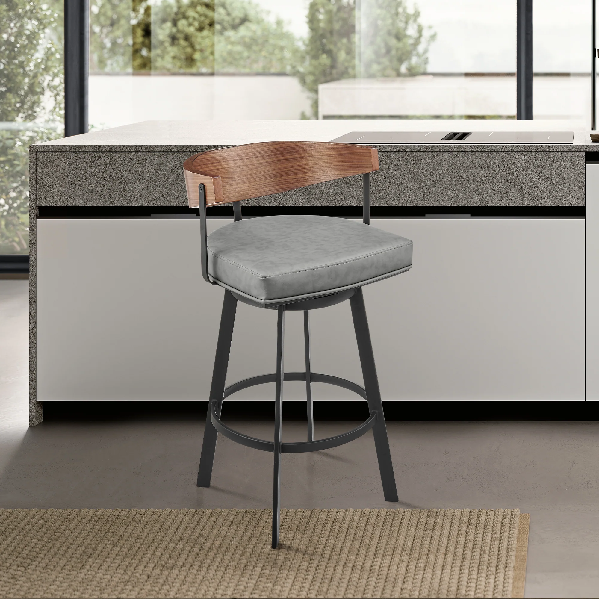 Lacey 26" Swivel Counter Stool in Black Iron with Walnut Finish and Vintage Gray Faux Leather By Armen Living