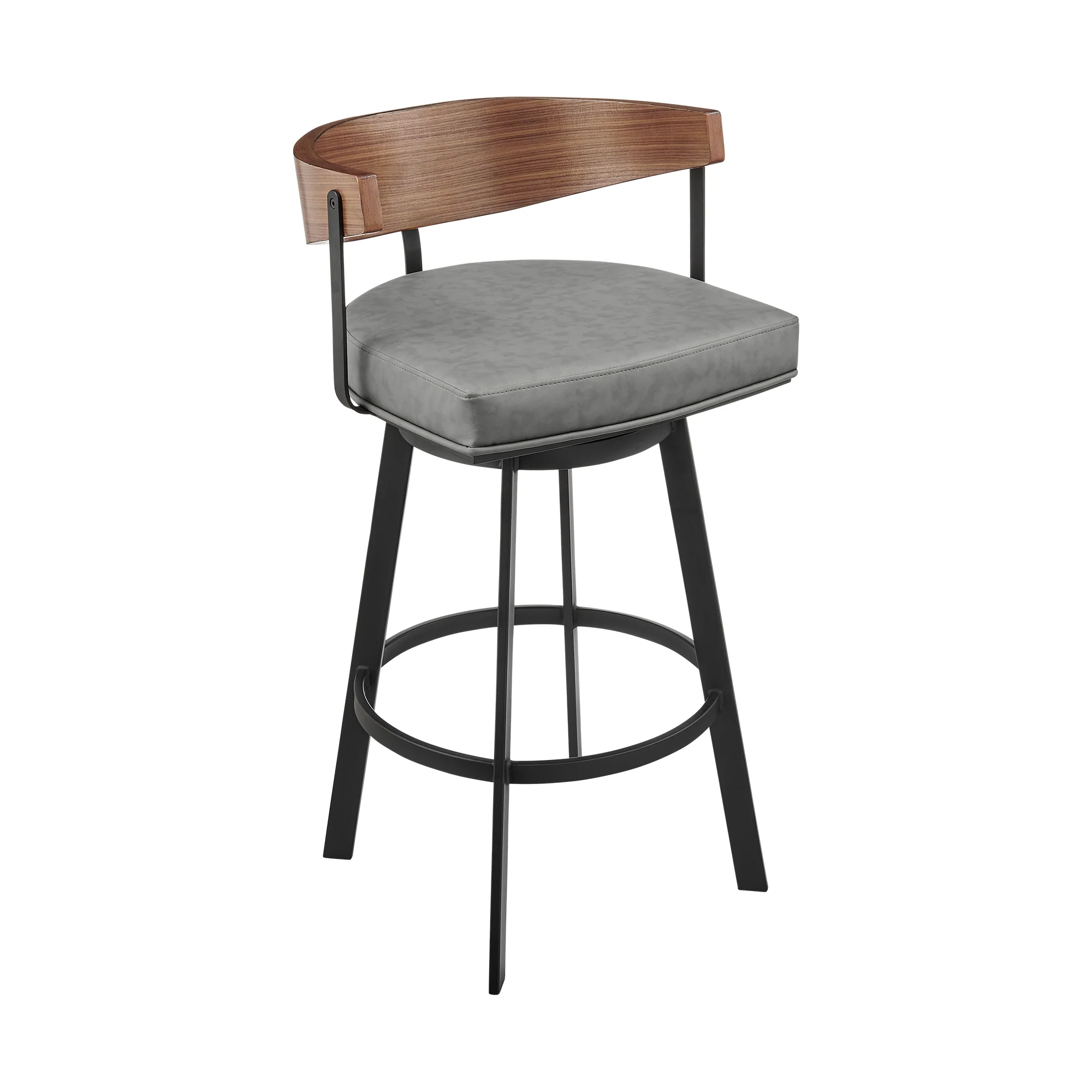 Lacey 26" Swivel Counter Stool in Black Iron with Walnut Finish and Vintage Gray Faux Leather By Armen Living - Image 2