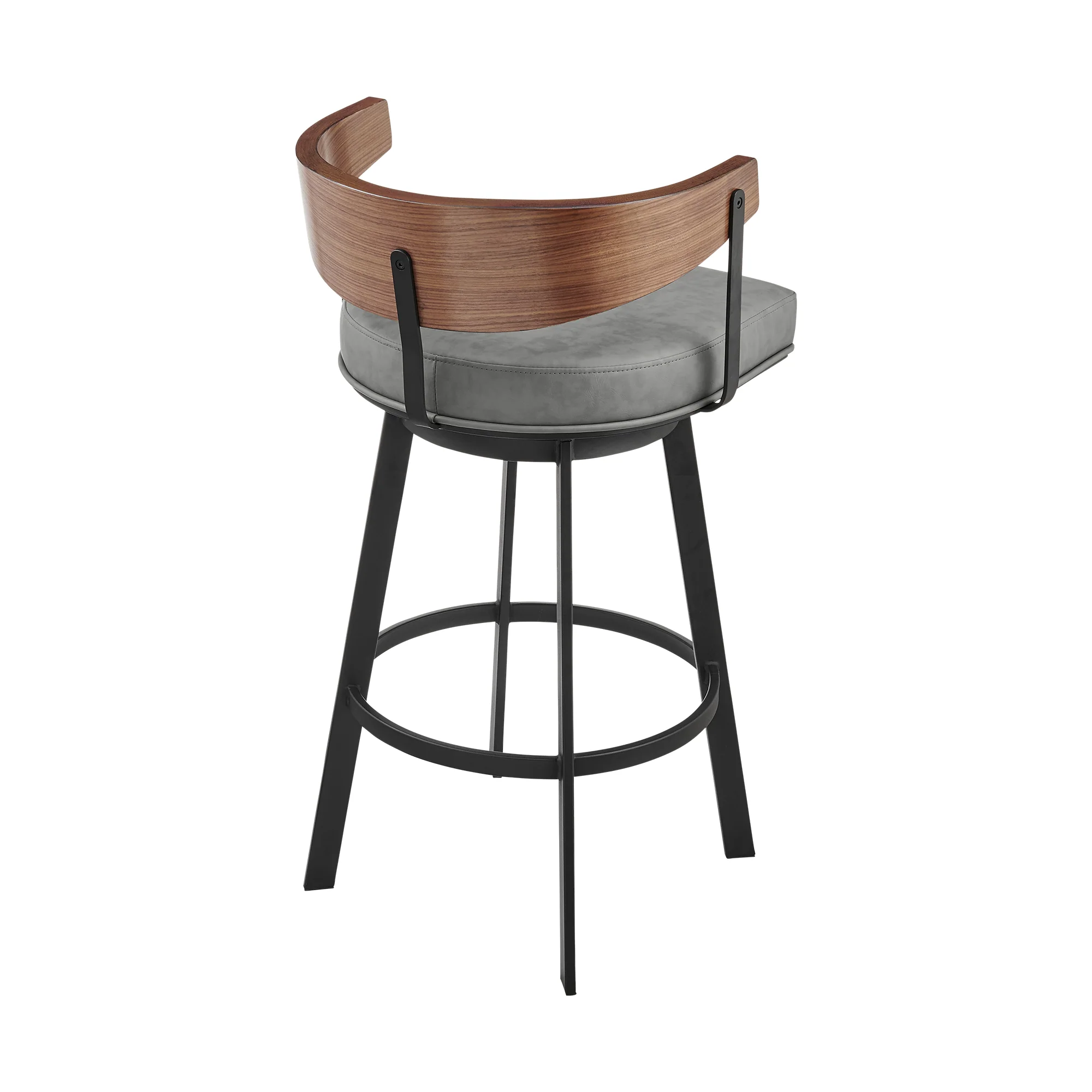 Lacey 26" Swivel Counter Stool in Black Iron with Walnut Finish and Vintage Gray Faux Leather By Armen Living - Image 4