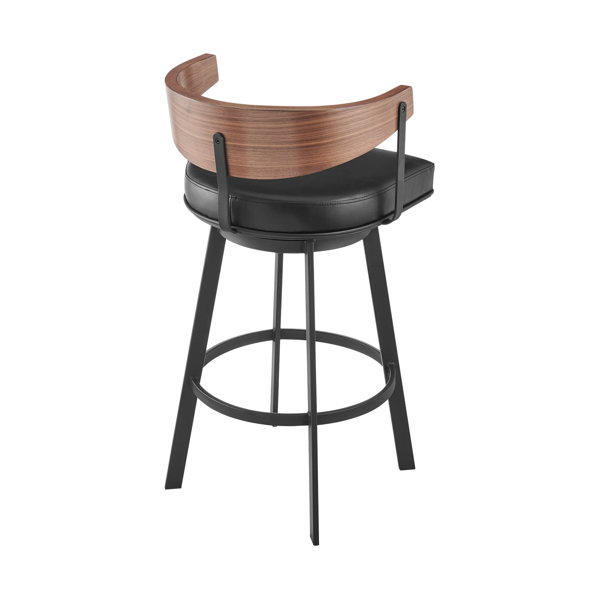 Lacey 30" Swivel Bar Stool in Black Iron with Walnut Finish and Vintage Black Faux Leather By Armen Living - Image 4