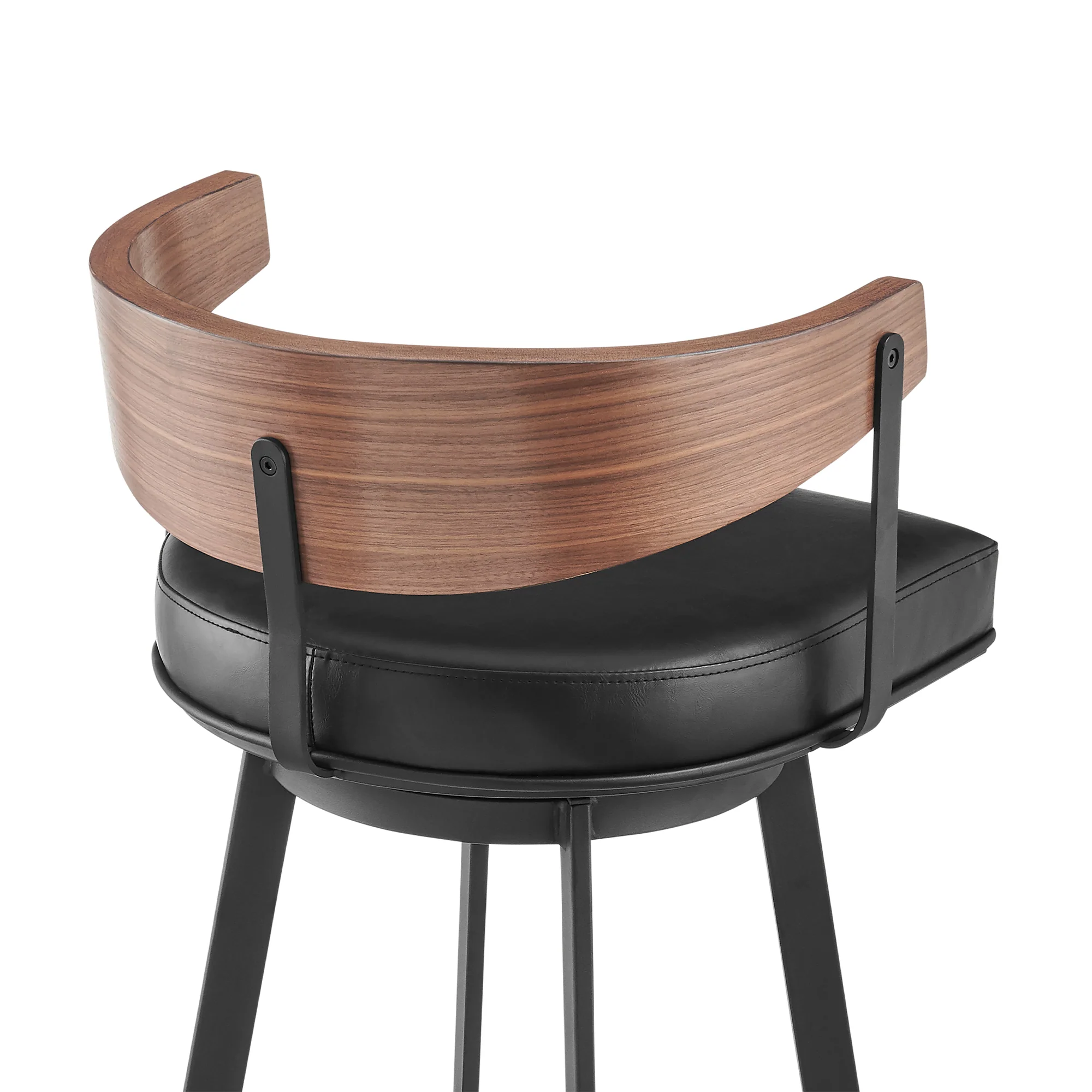 Lacey 30" Swivel Bar Stool in Black Iron with Walnut Finish and Vintage Black Faux Leather By Armen Living - Image 6