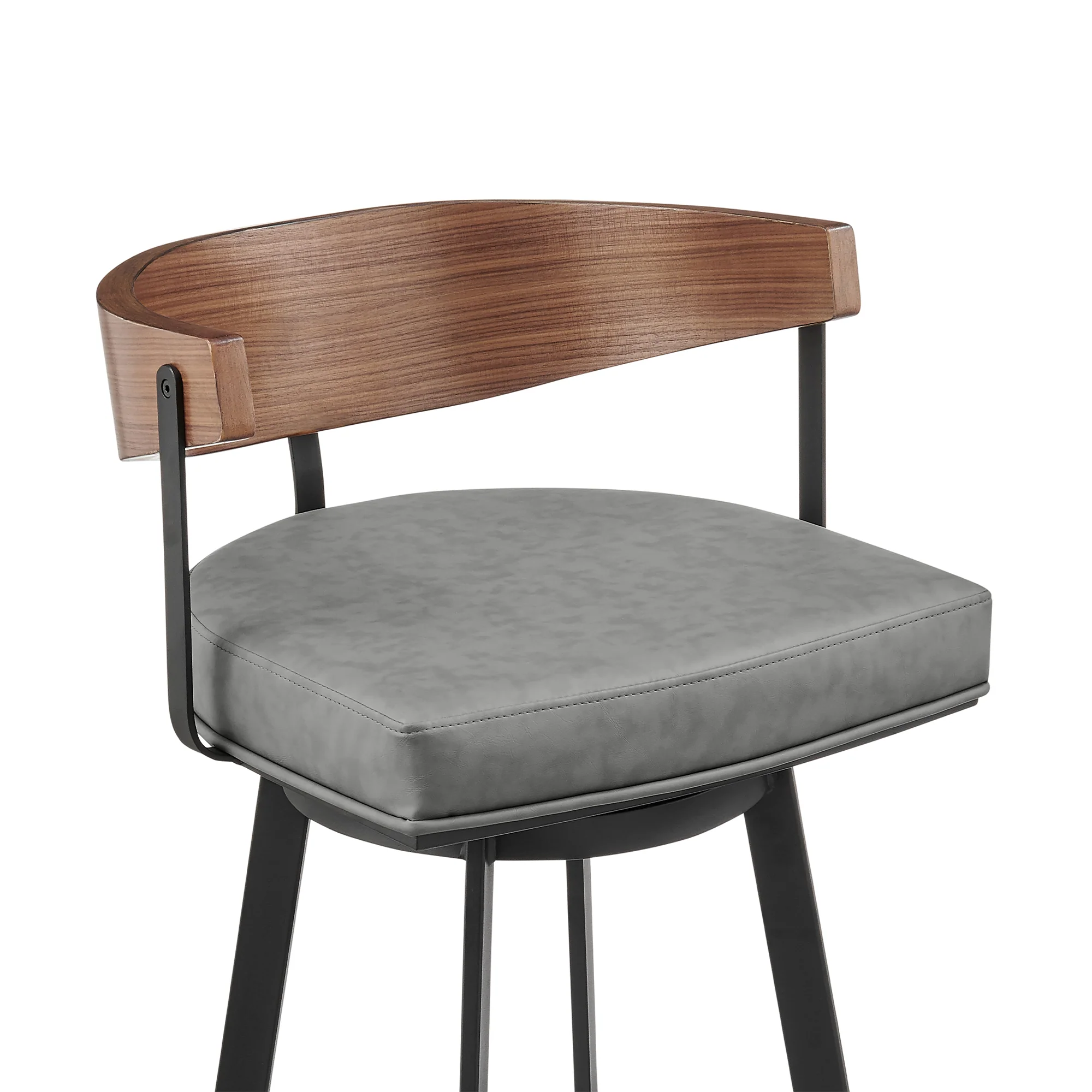 Lacey 30" Swivel Bar Stool in Black Iron with Walnut Finish and Vintage Gray Faux Leather By Armen Living - Image 5