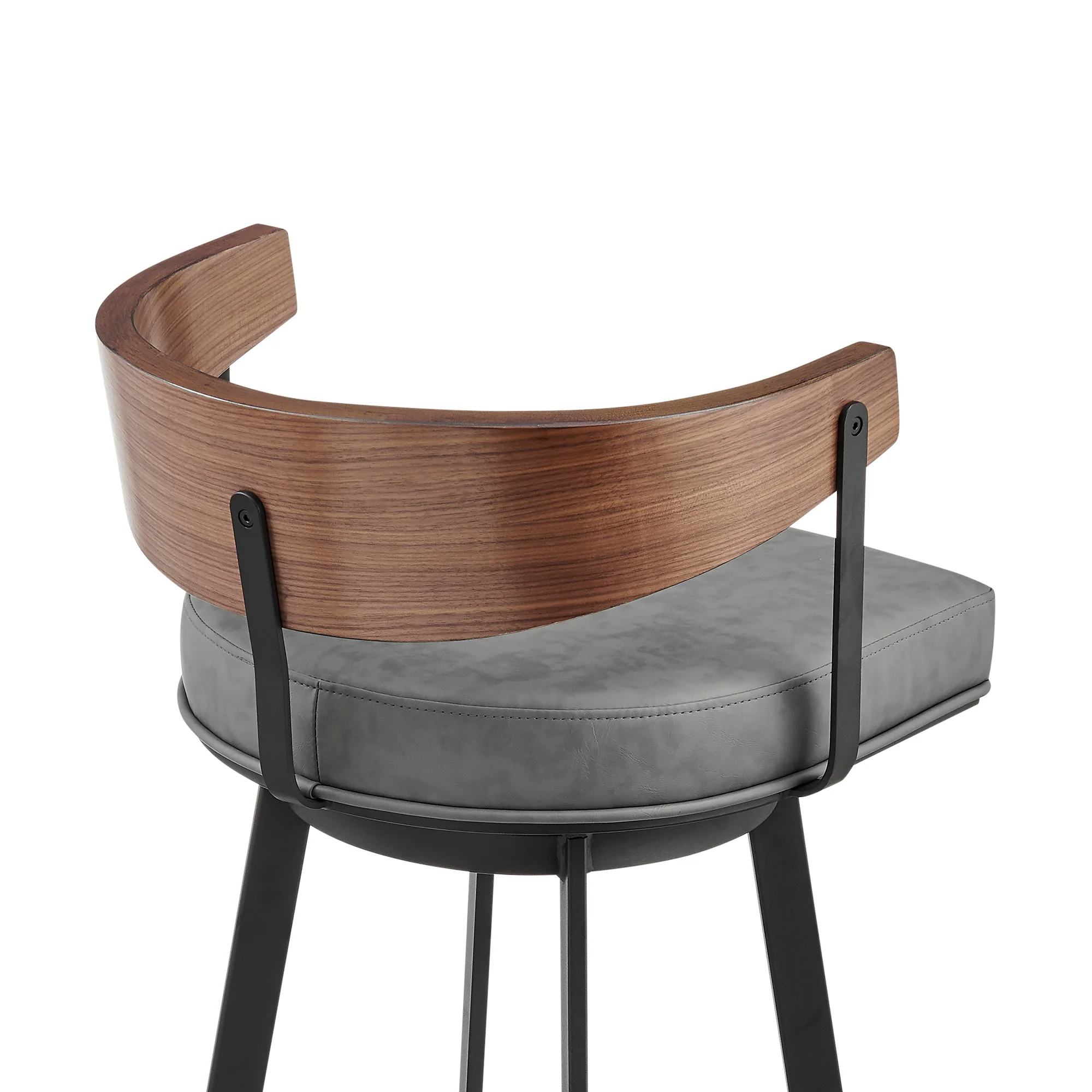 Lacey 30" Swivel Bar Stool in Black Iron with Walnut Finish and Vintage Gray Faux Leather By Armen Living - Image 6