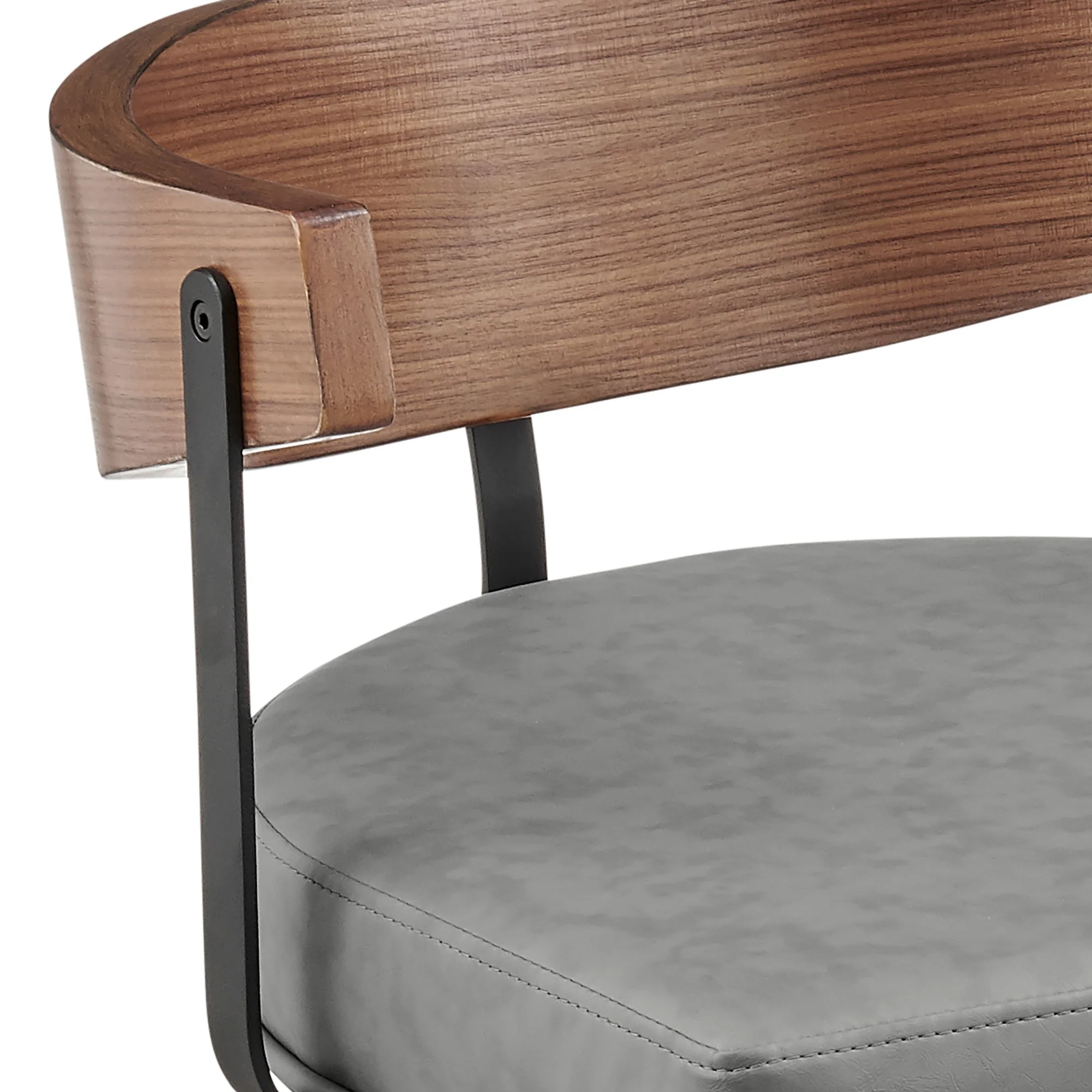Lacey 30" Swivel Bar Stool in Black Iron with Walnut Finish and Vintage Gray Faux Leather By Armen Living - Image 7