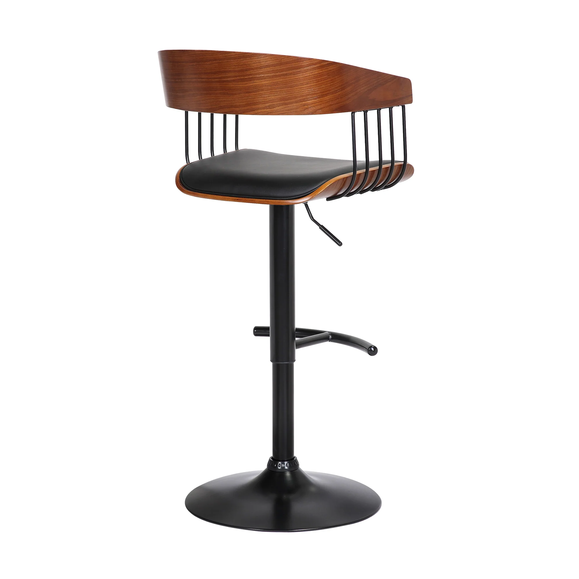 Larisa Adjustable Walnut Wood Bar Stool in Black Faux Leather with Black Metal By Armen Living - Image 5