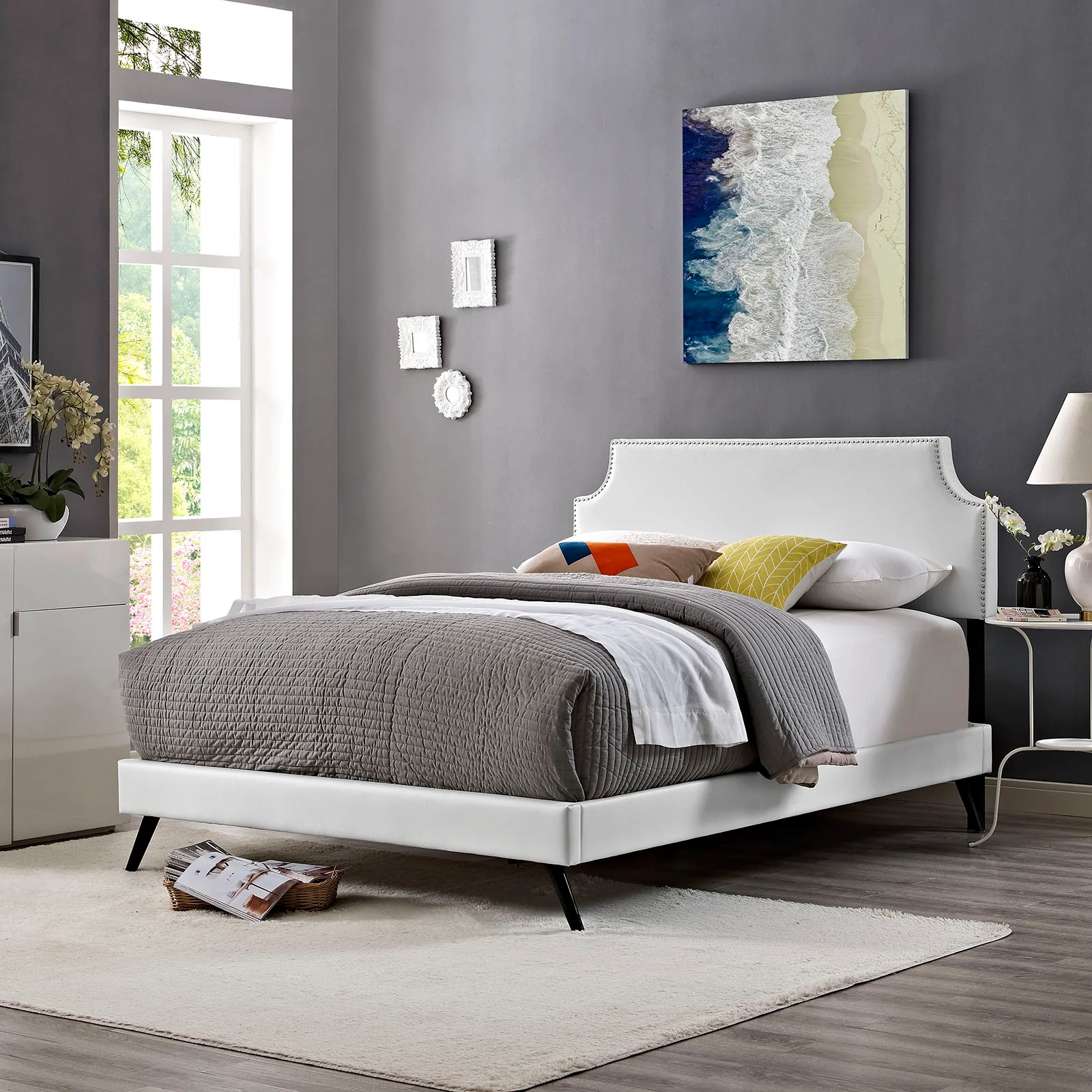 Laura Vinyl Full Platform Bed with Round Splayed Legs by Modway